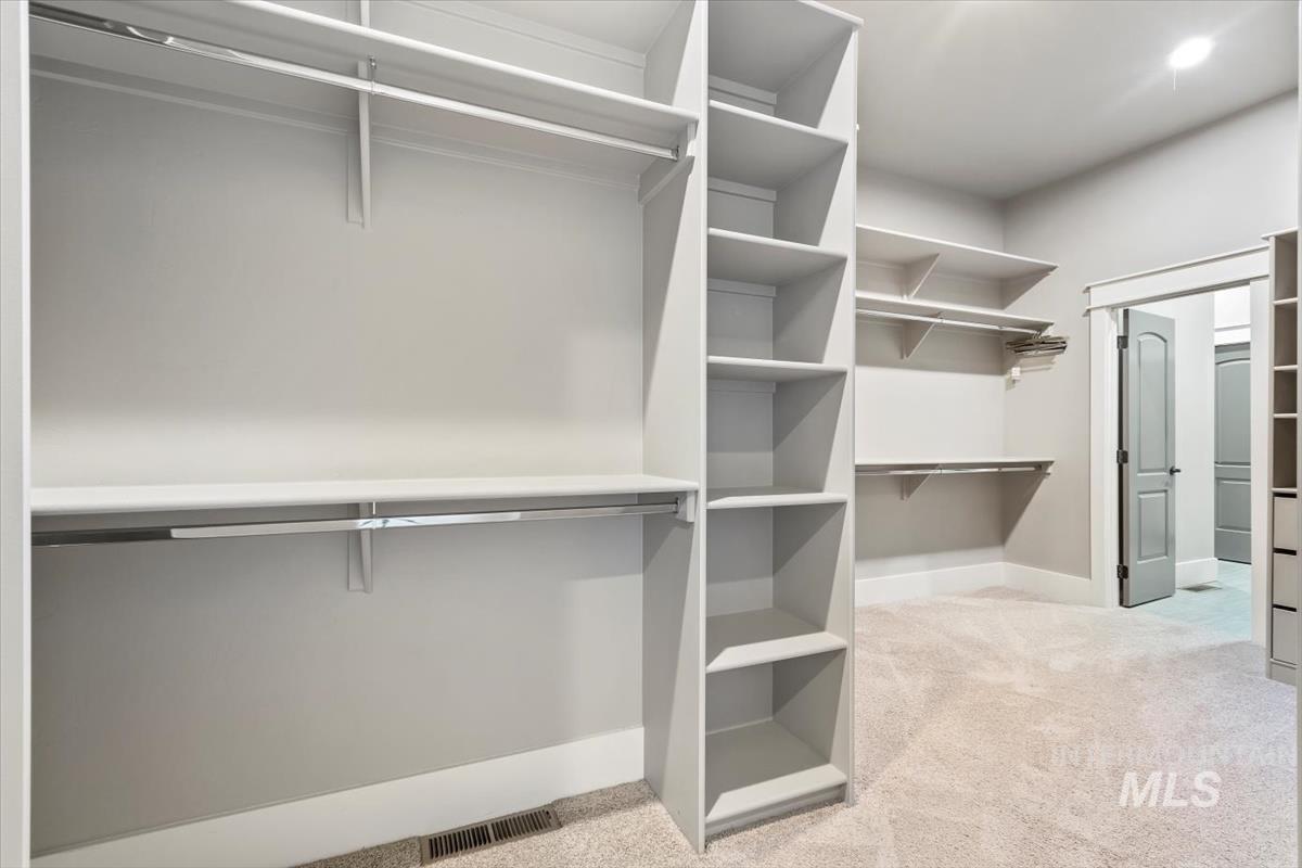 Walk in closet with light carpet
