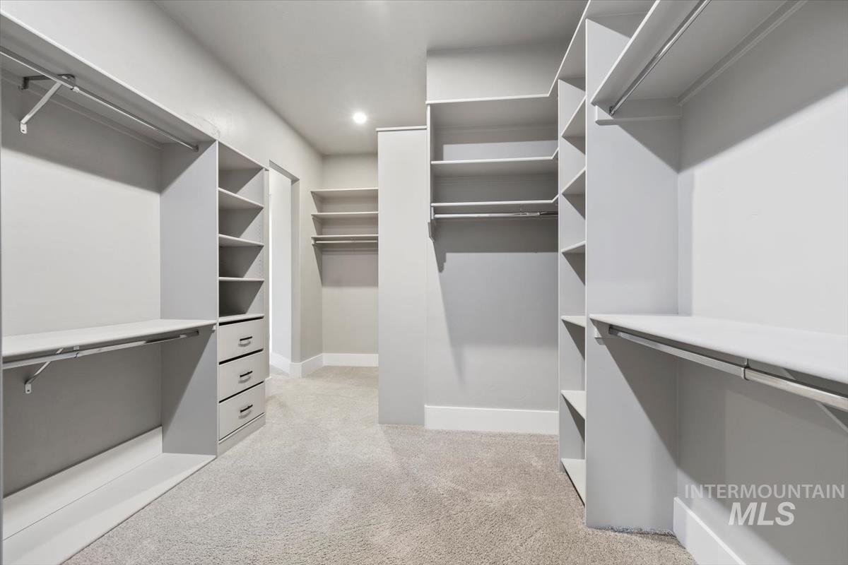 Walk in closet with light colored carpet