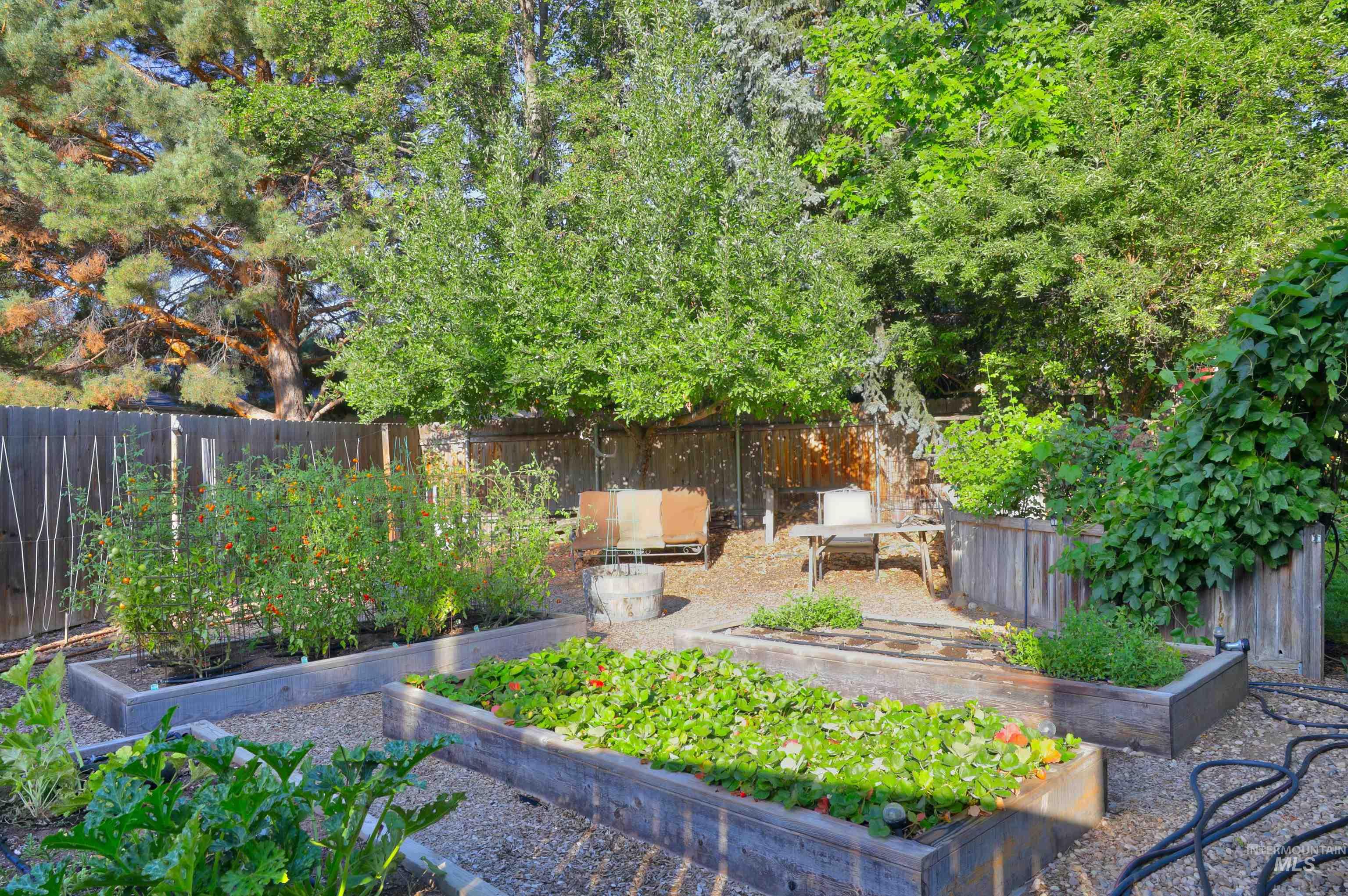 Fenced backyard with a garden and a patio