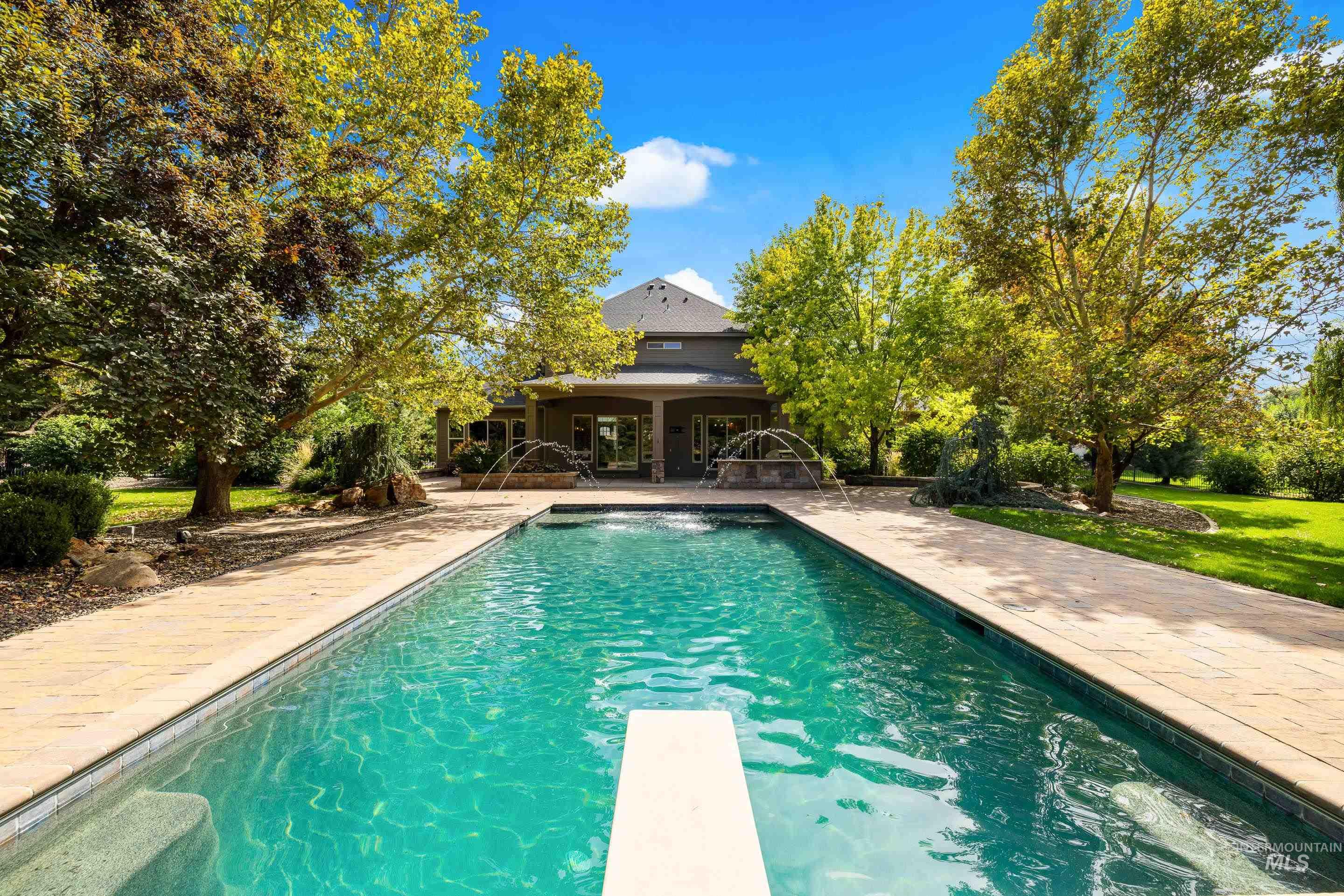 Swimming pool featuring a patio and a diving board