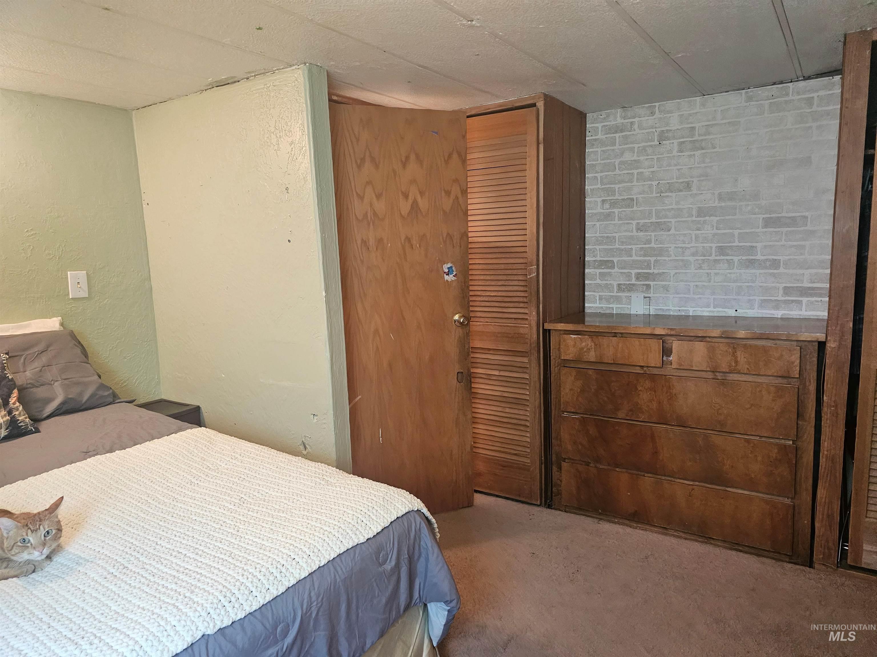 Carpeted bedroom featuring a textured wall and a closet