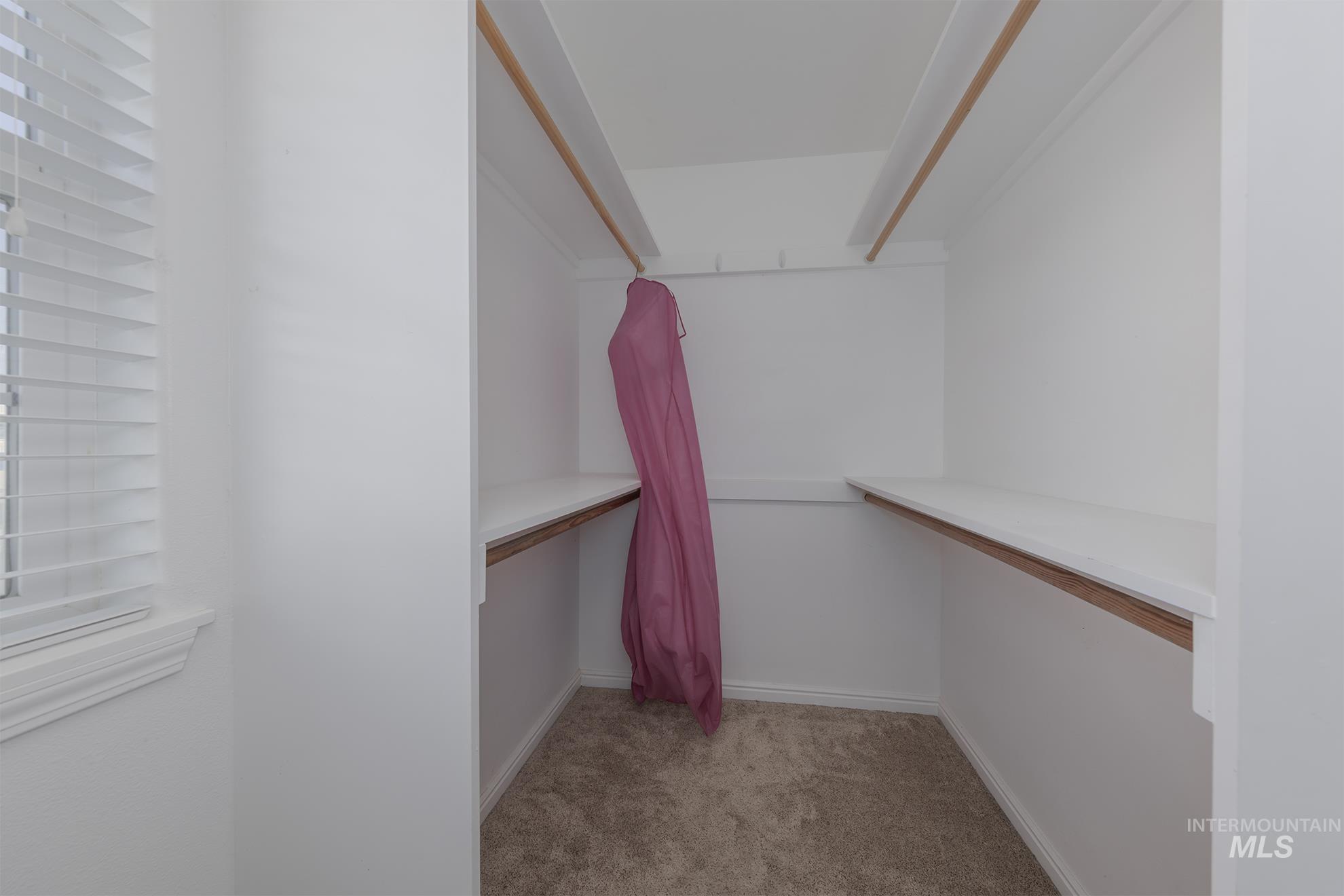 Walk in closet featuring light carpet