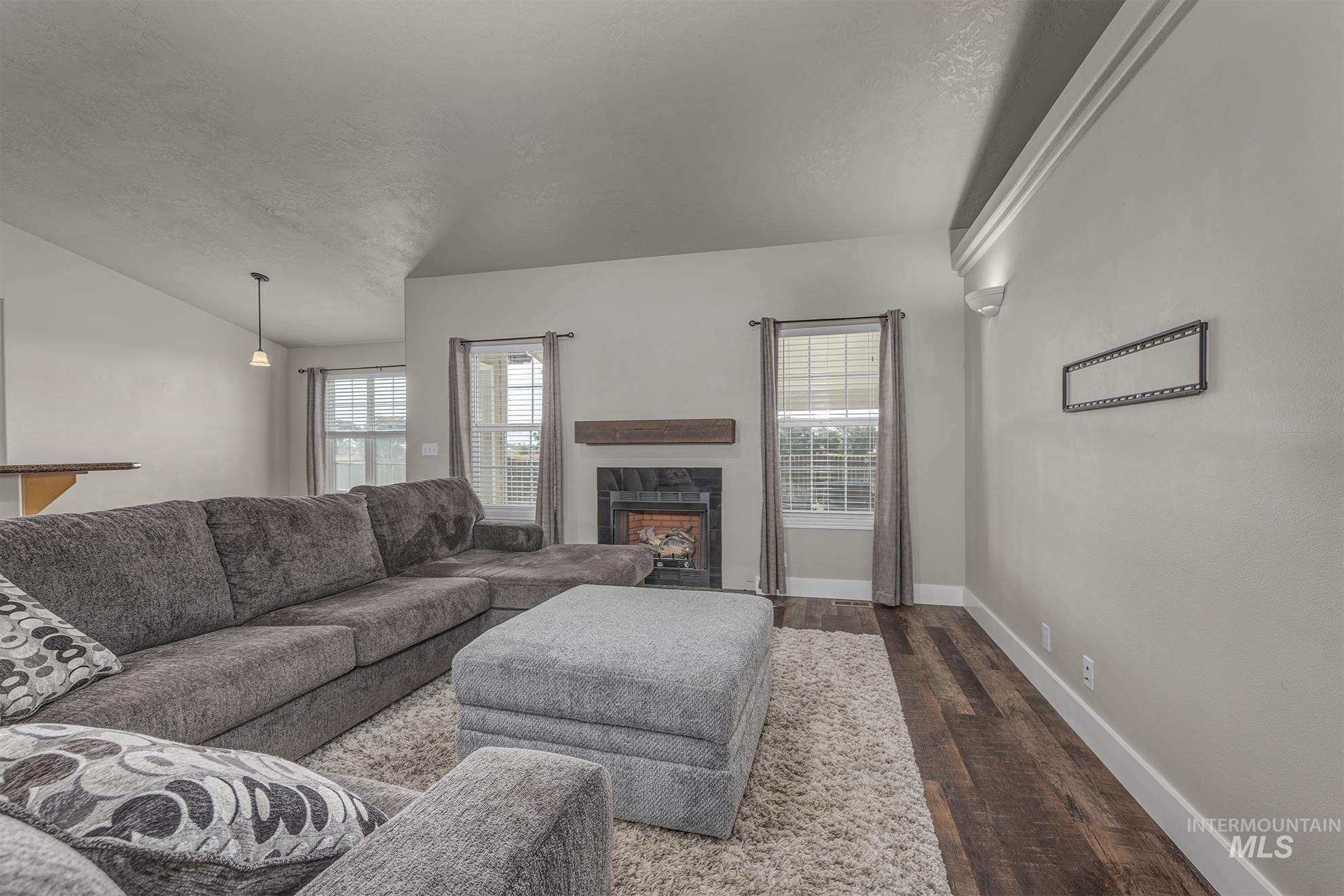 Living area featuring a fireplace and dark wood finished floors