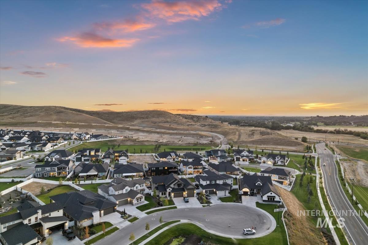 Aerial view at dusk of a residential view