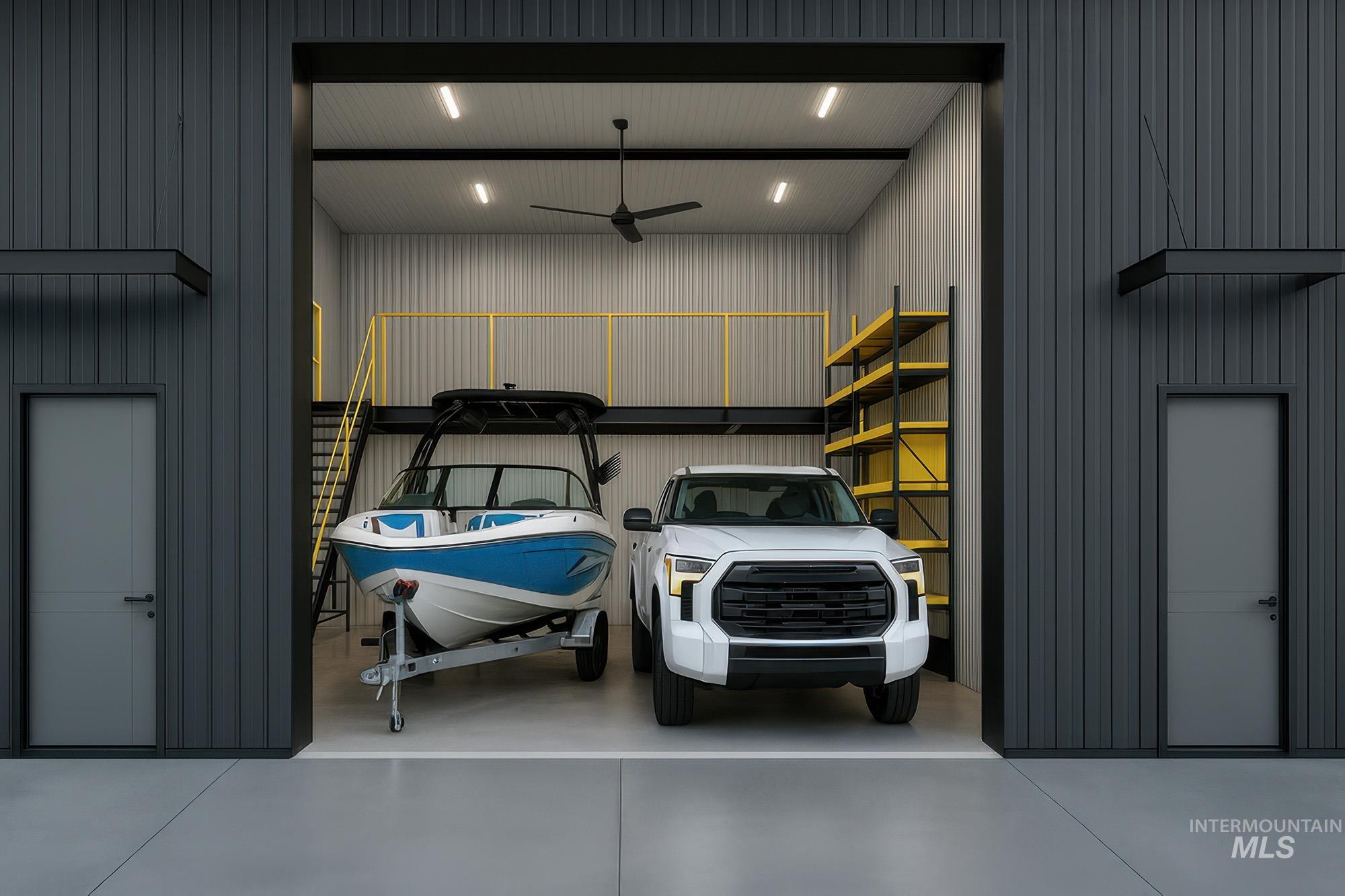 Garage featuring a ceiling fan
