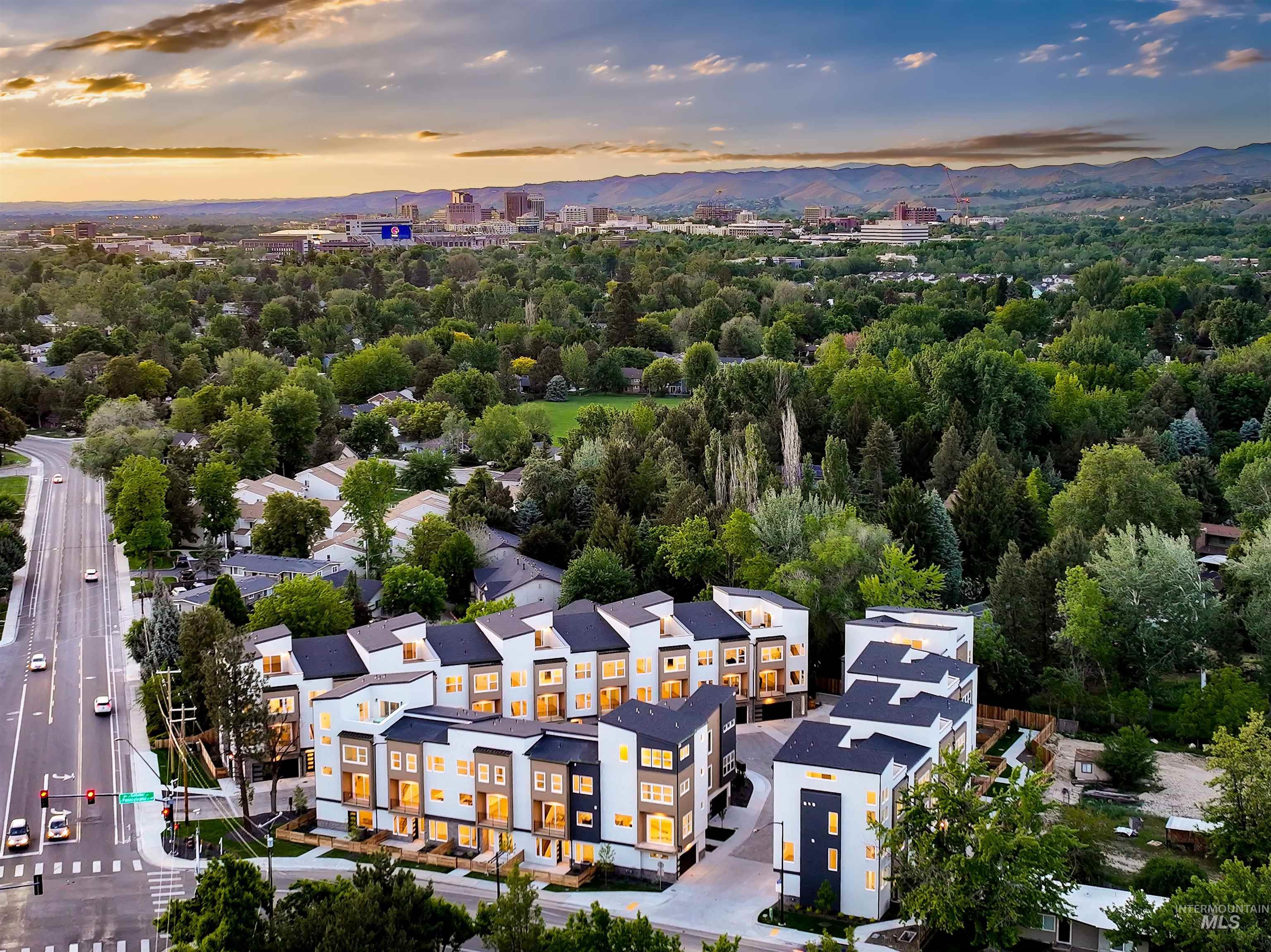 Aerial view at dusk of a mountain view