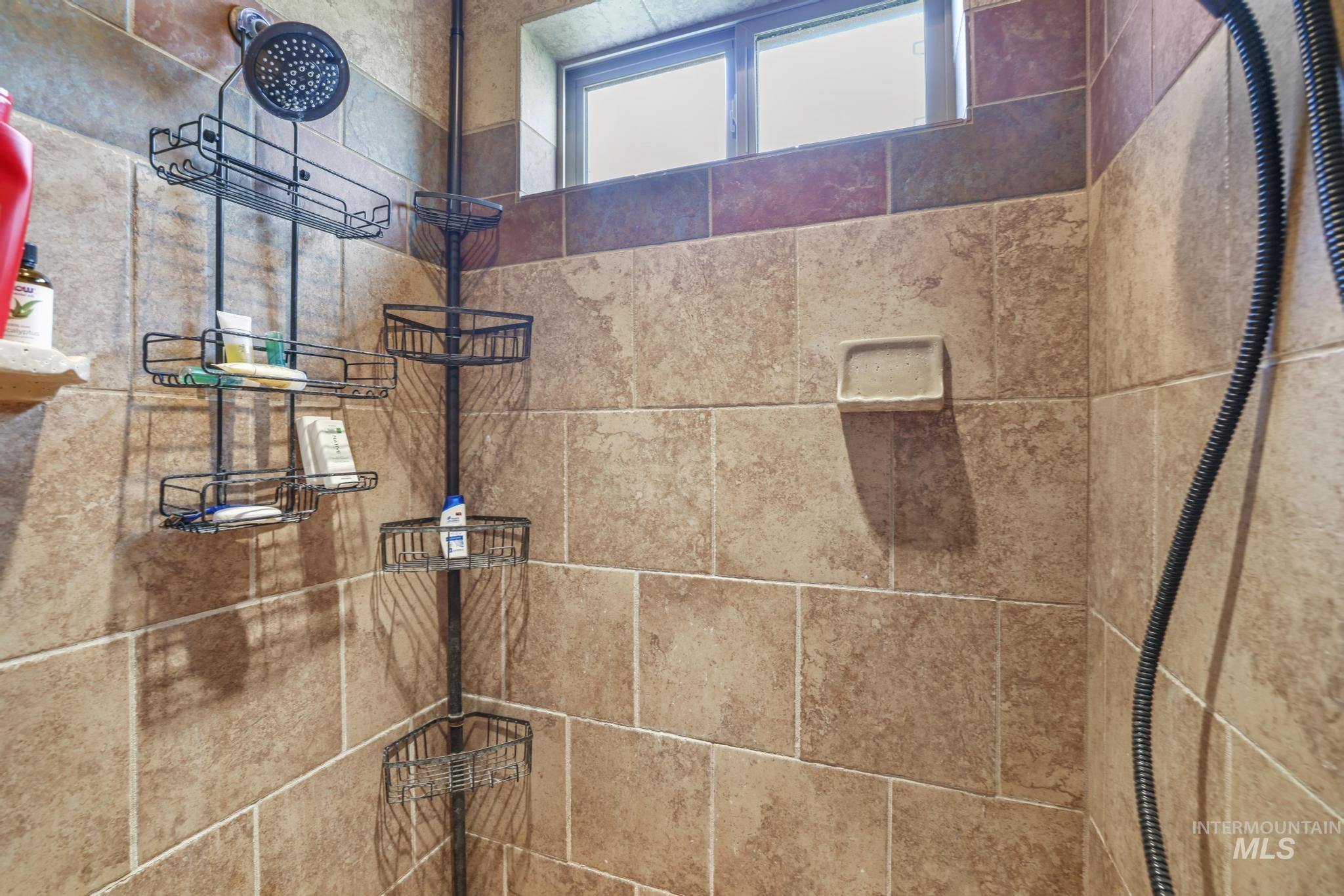 Bathroom view of a tile shower
