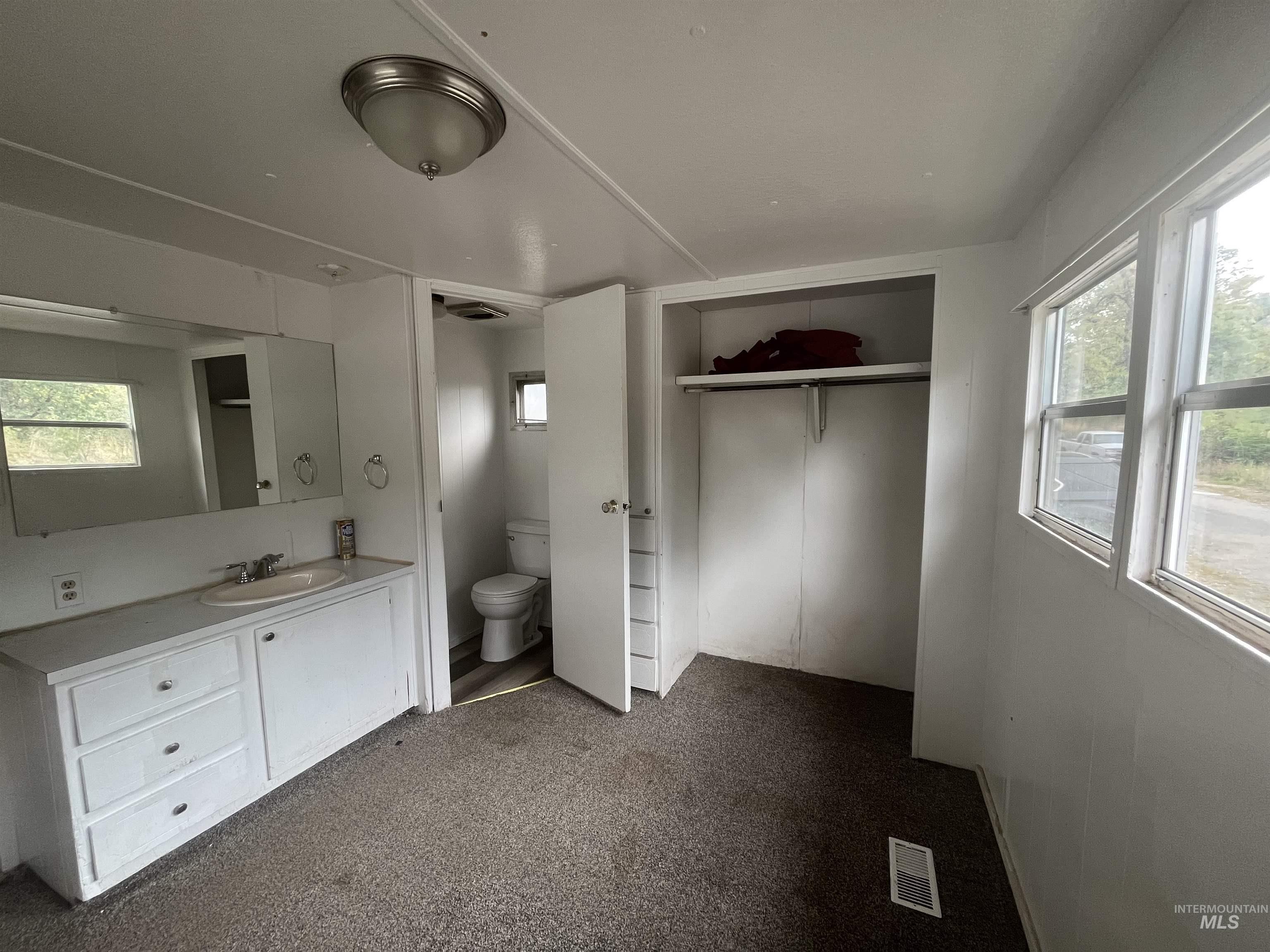 Bathroom with vanity and a walk in closet