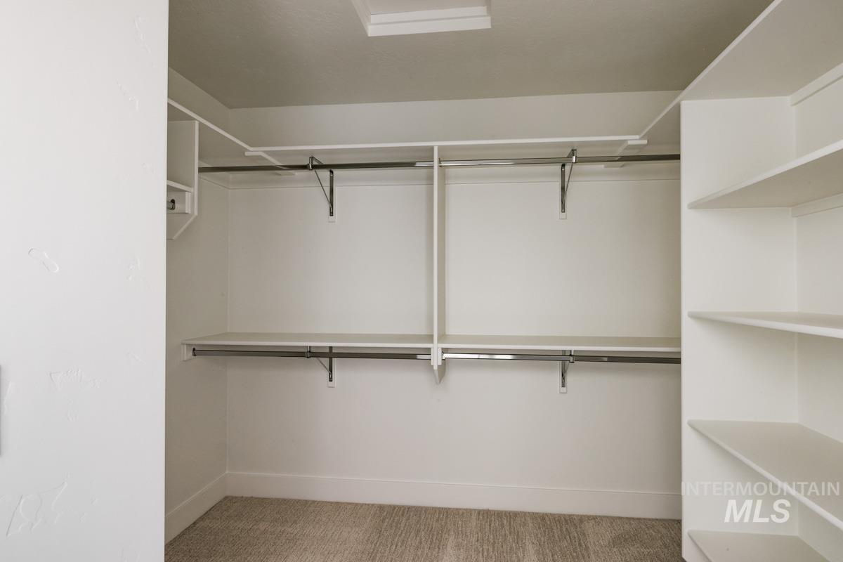 Spacious closet featuring light colored carpet