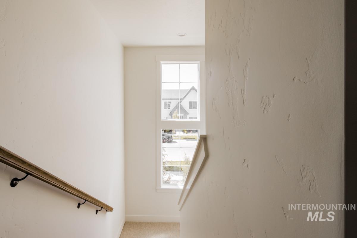 Stairs with carpet floors and baseboards