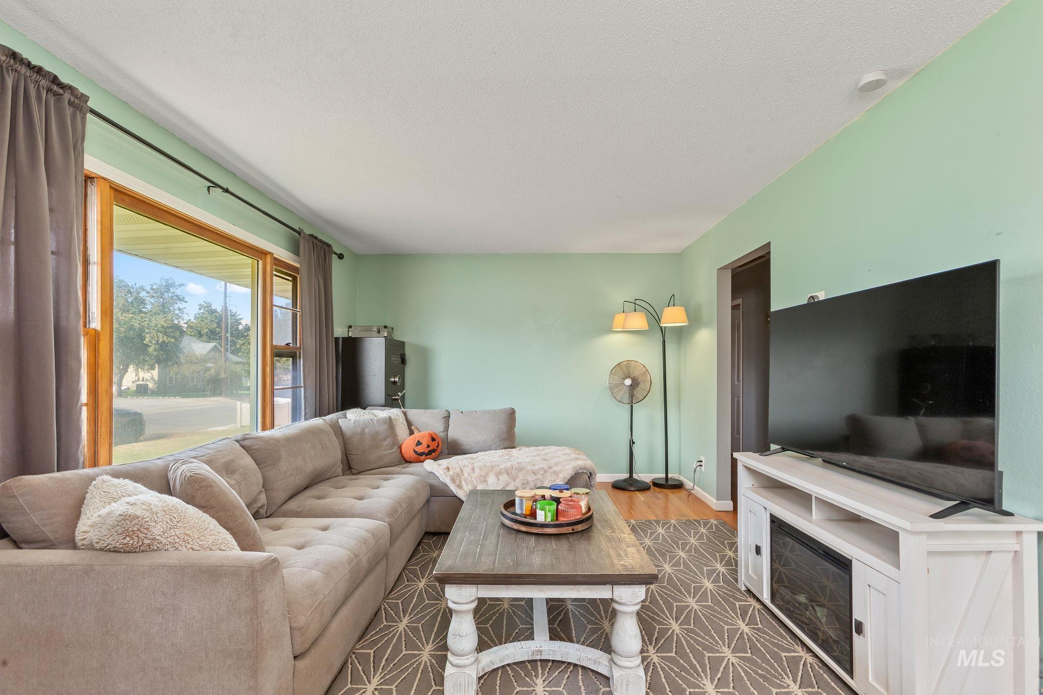 Living room featuring wood finished floors and a fireplace