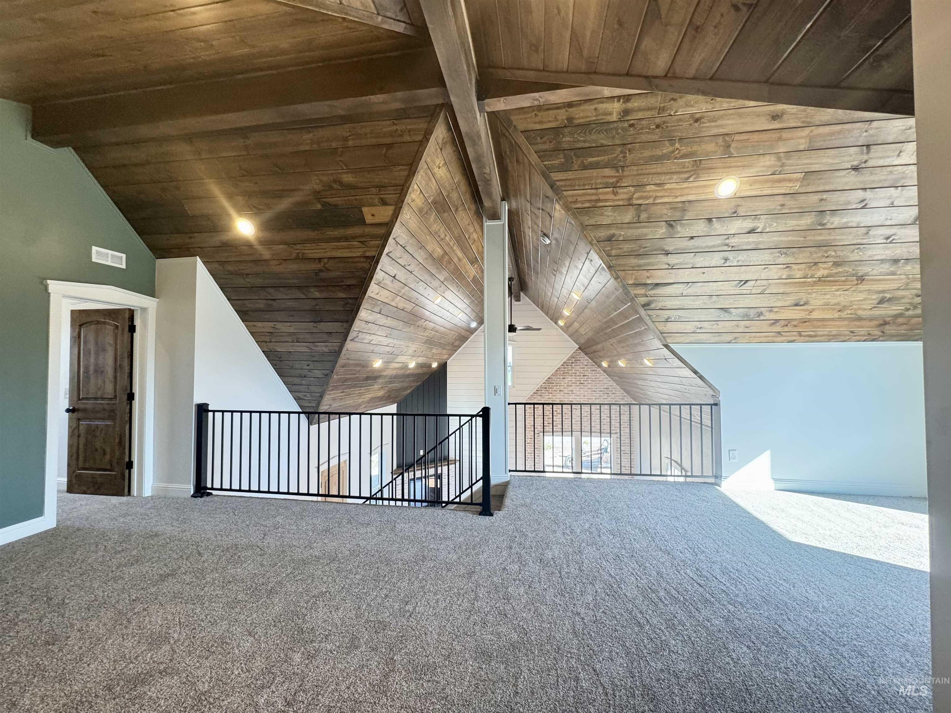 Bonus room with carpet, wood ceiling, ceiling fan, and recessed lighting