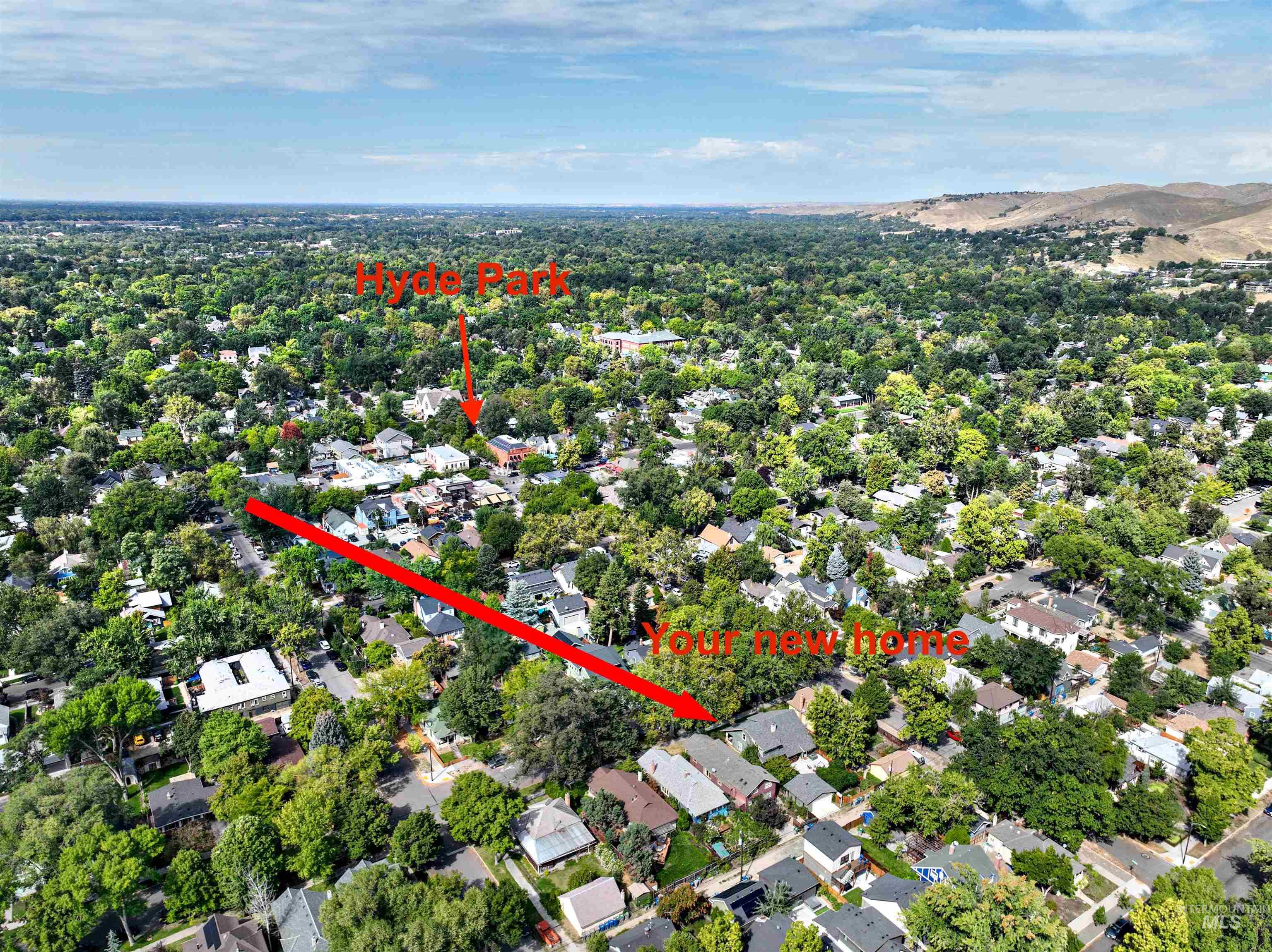 Aerial overview showing the home's location relative to downtown Boise, Hyde Park, schools, restaurants, and coffee shops