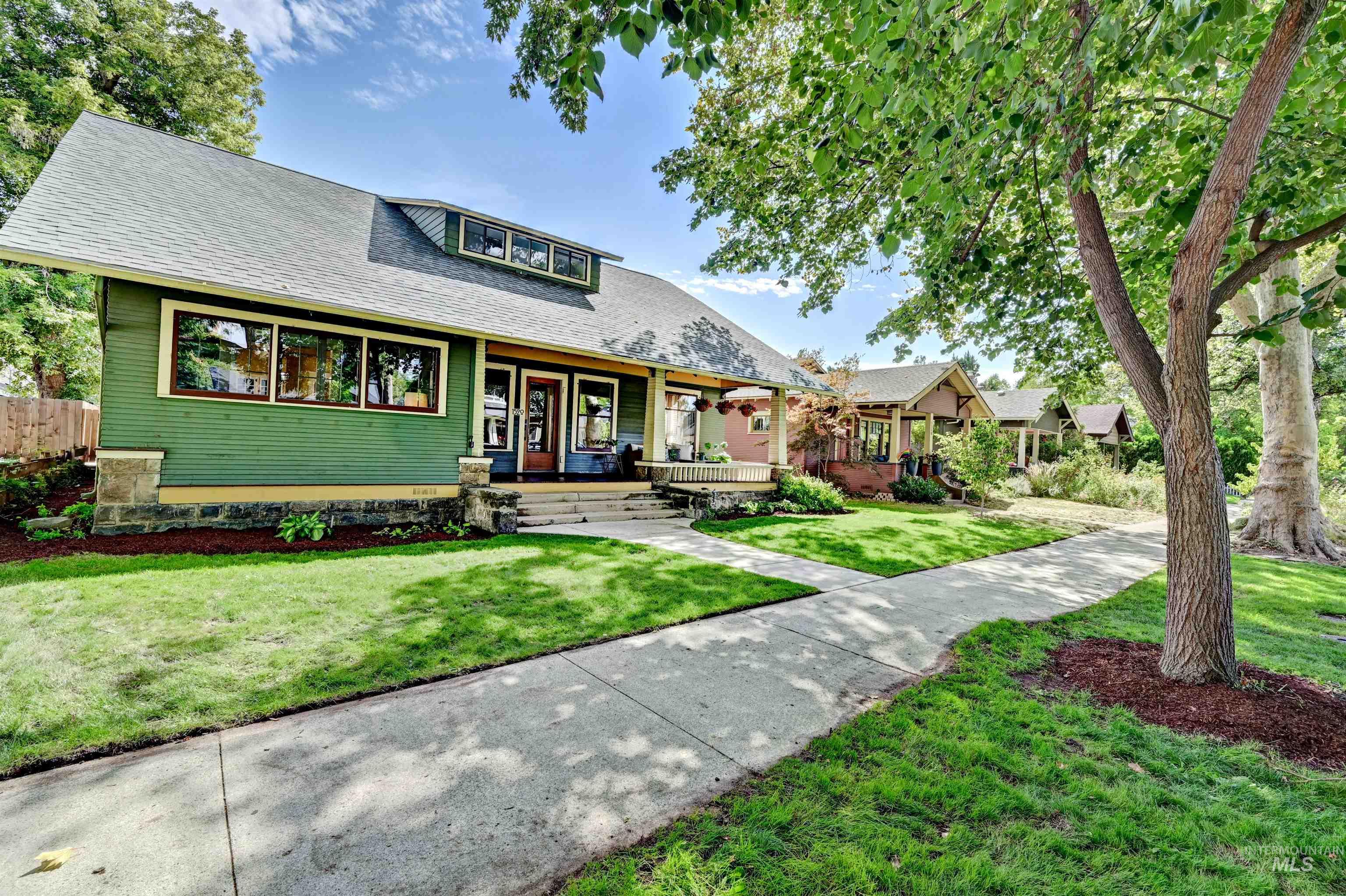View of front facade with row of Craftsman Bungalows and huge trees