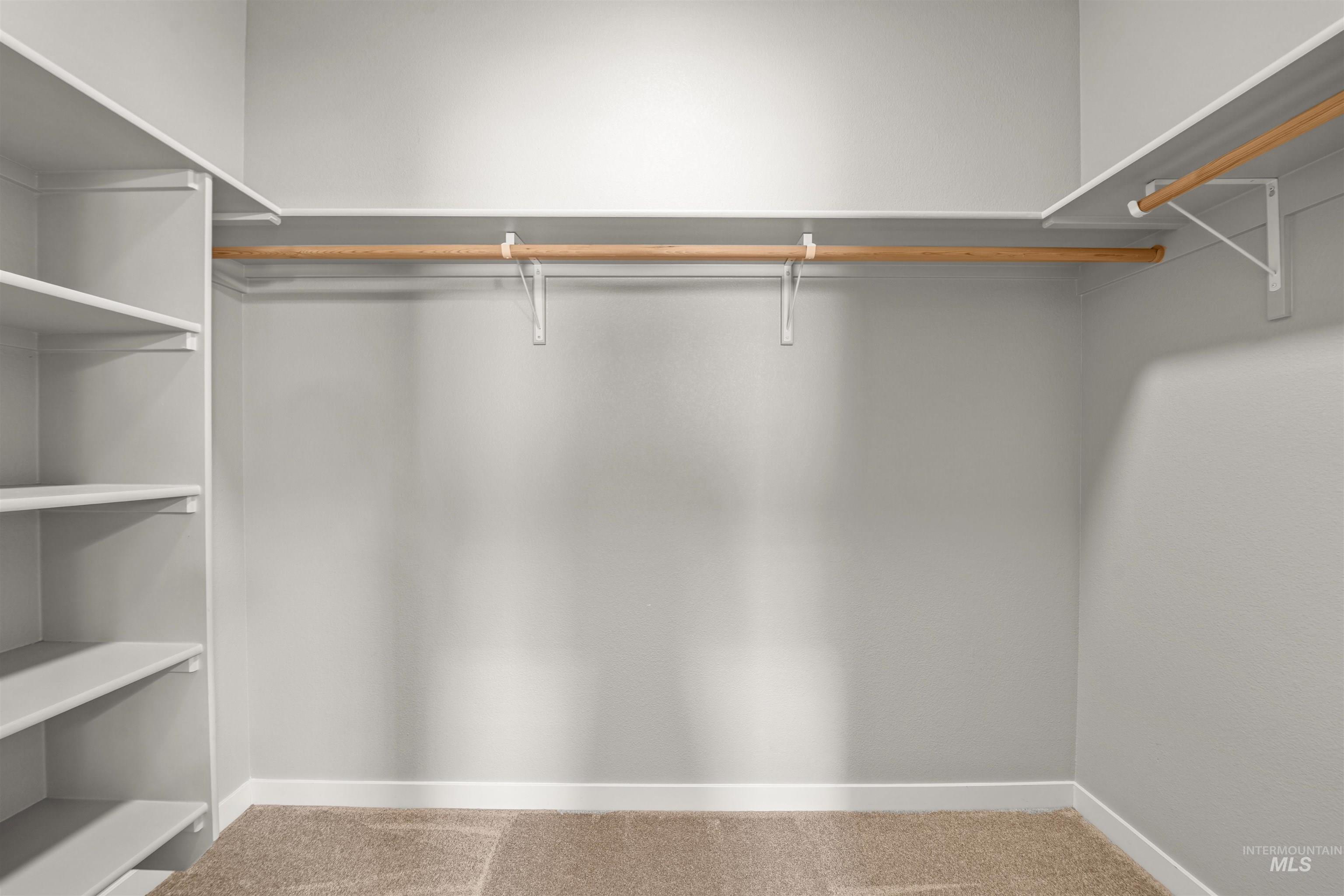 Spacious closet with light carpet