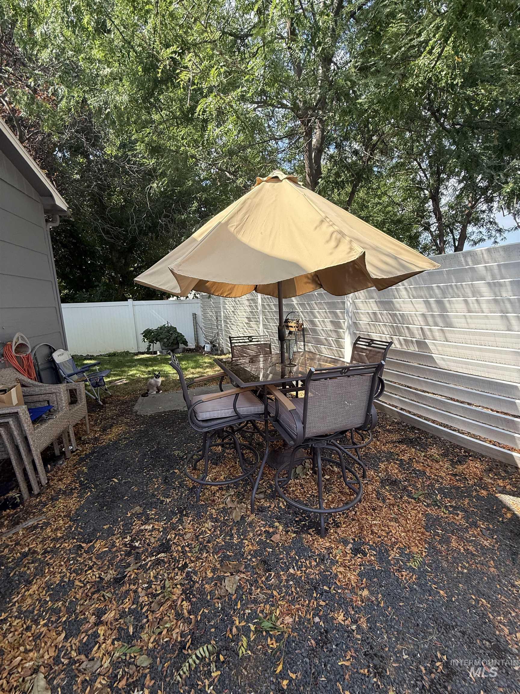 Fenced backyard featuring outdoor dining space