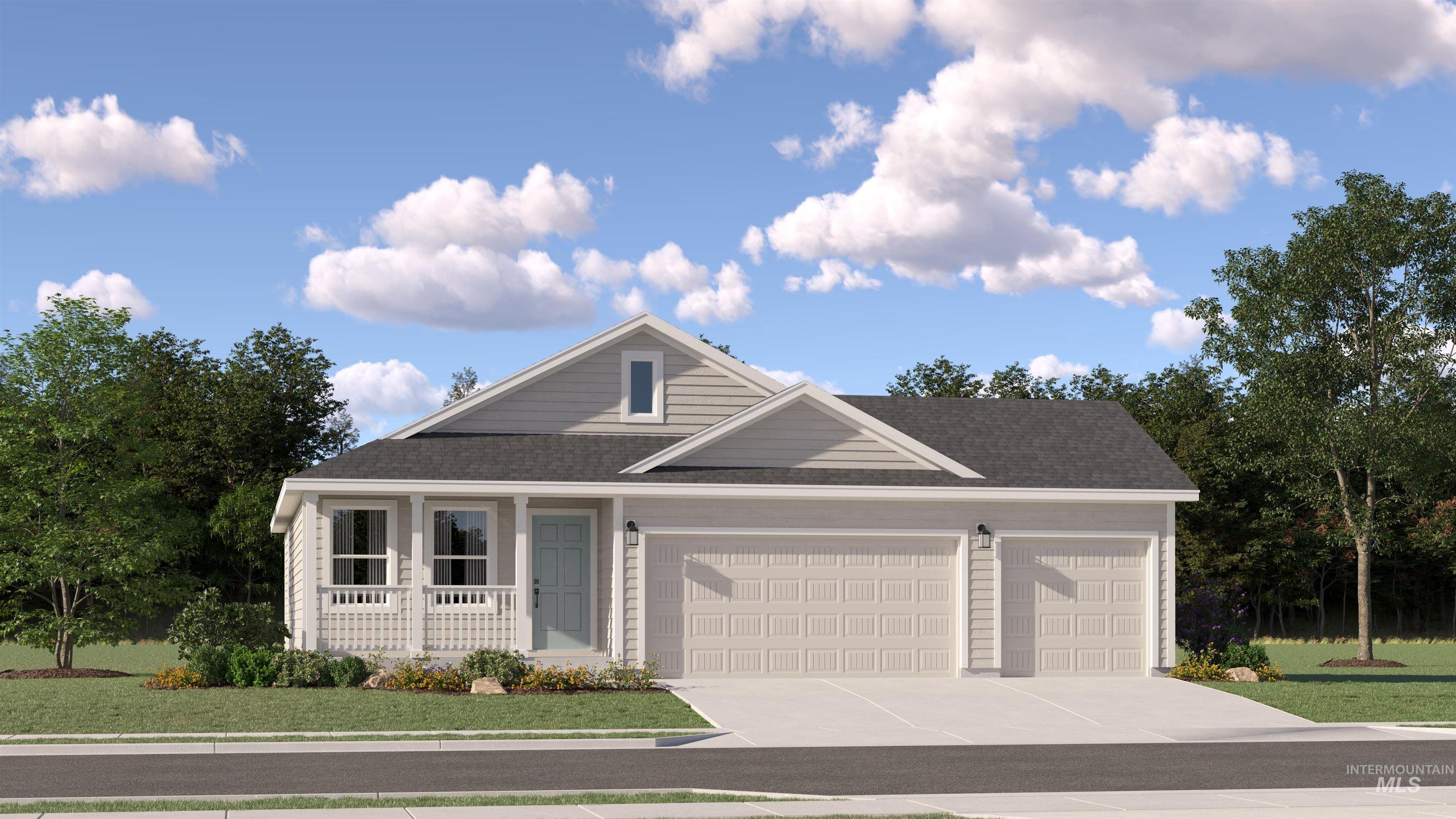 View of front of home with an attached garage, a porch, driveway, a shingled roof, and a front yard