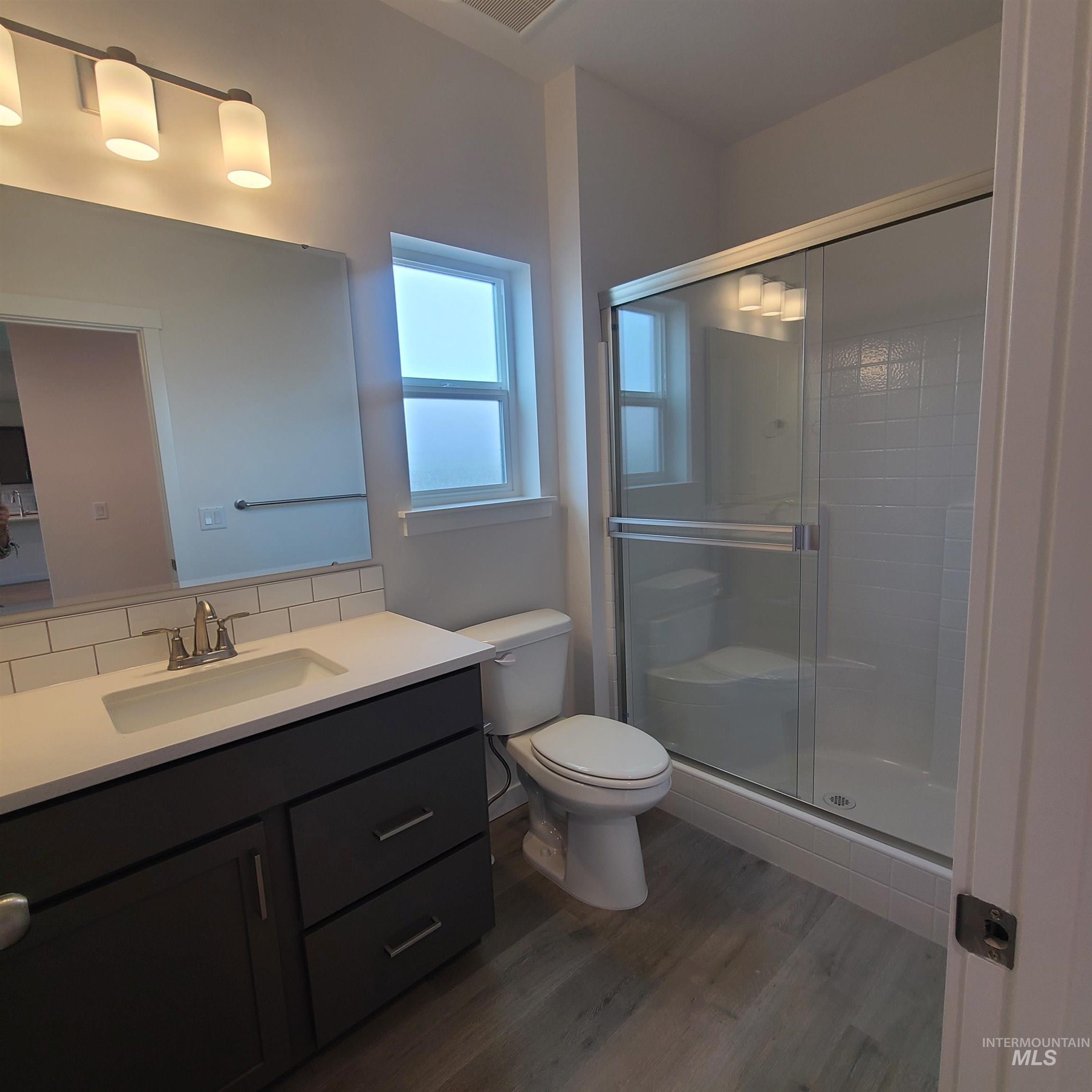 Bathroom featuring vanity, dark wood-style floors, and a stall shower