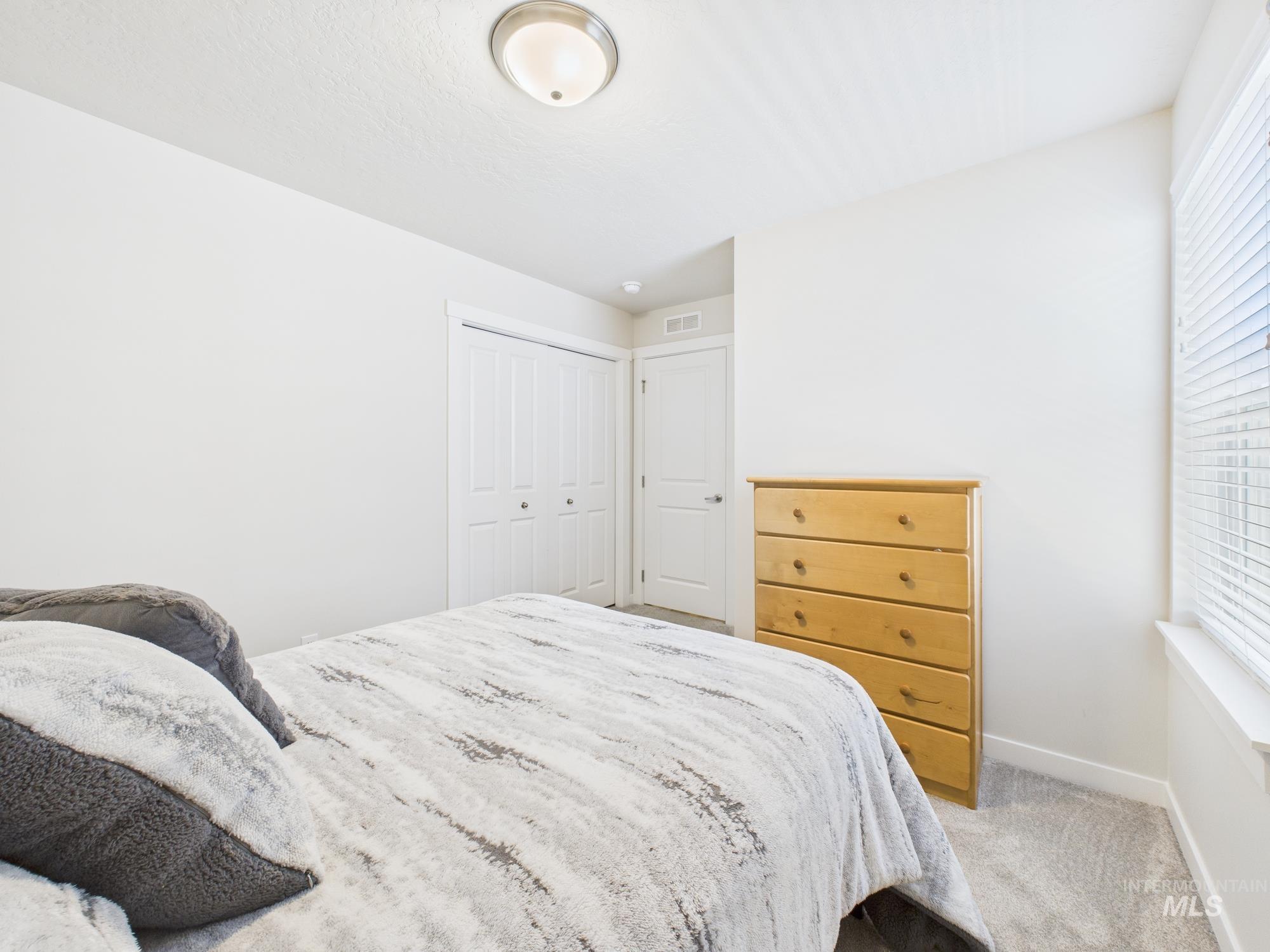 Bedroom featuring multiple windows, light carpet, and a closet