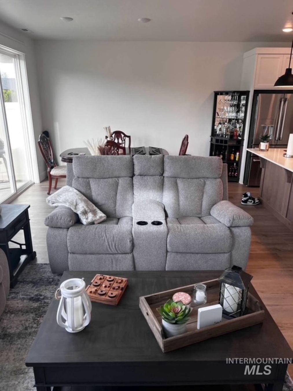 Living room featuring dark wood-type flooring