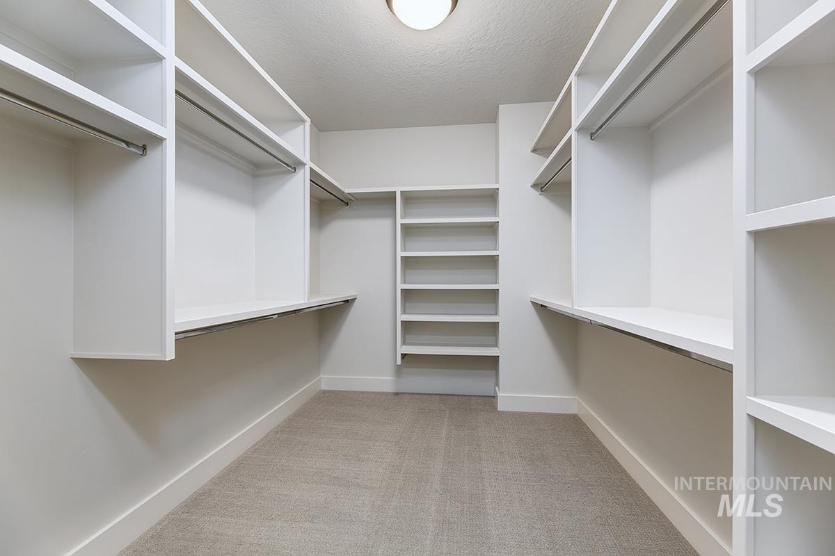 Walk in closet featuring light carpet
