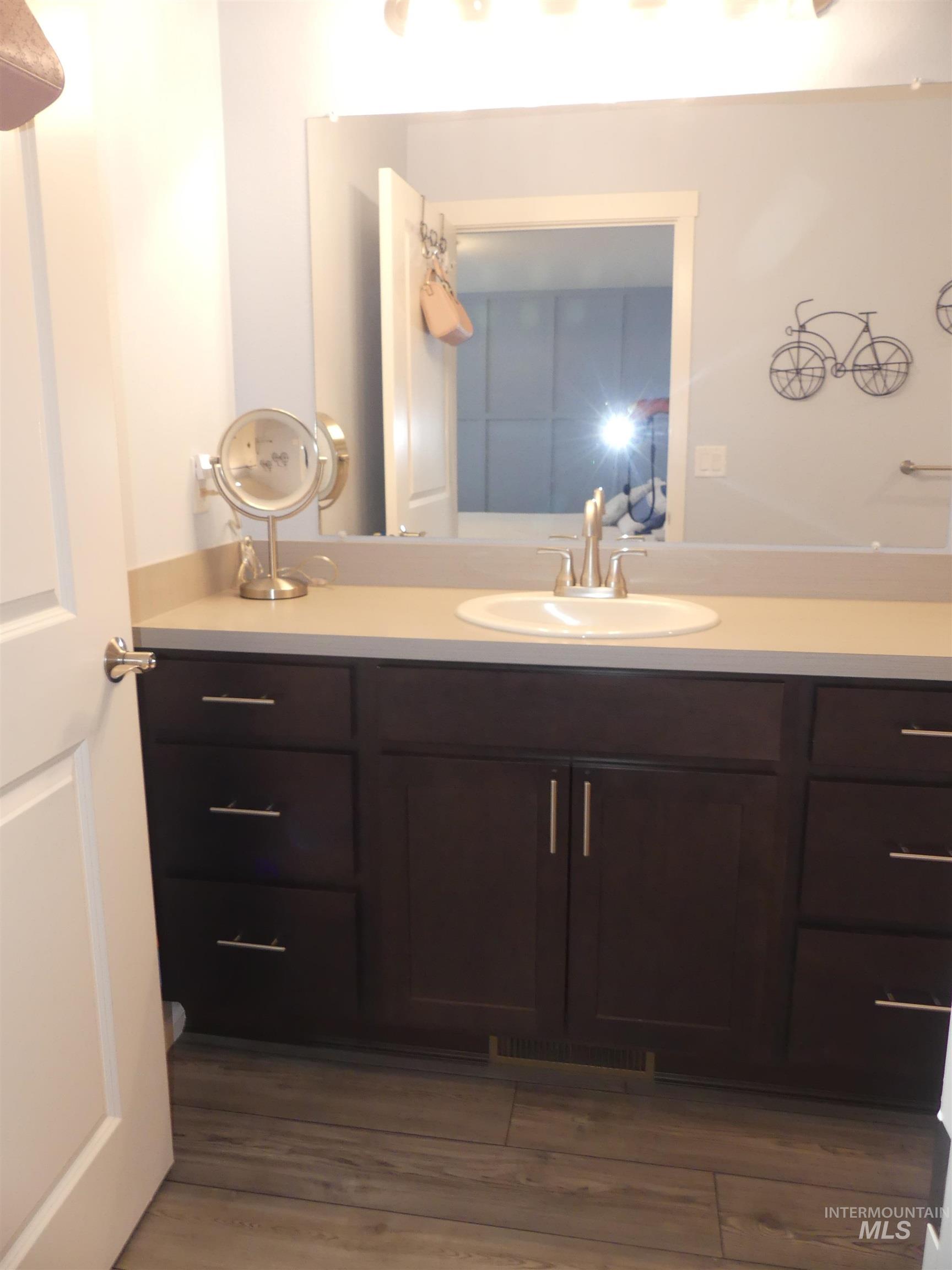Bathroom with vanity and dark wood-style flooring