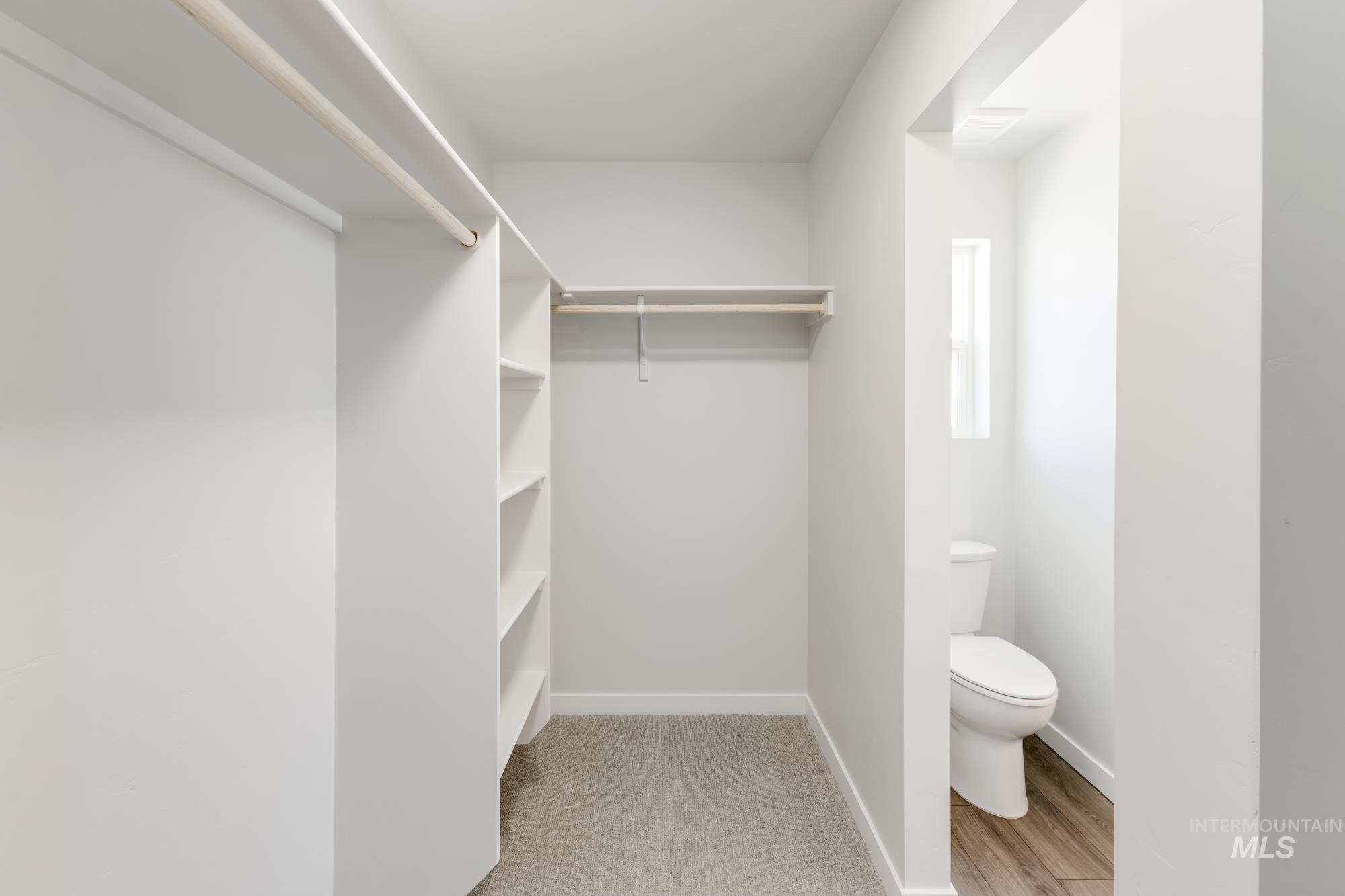 Walk in closet featuring light carpet