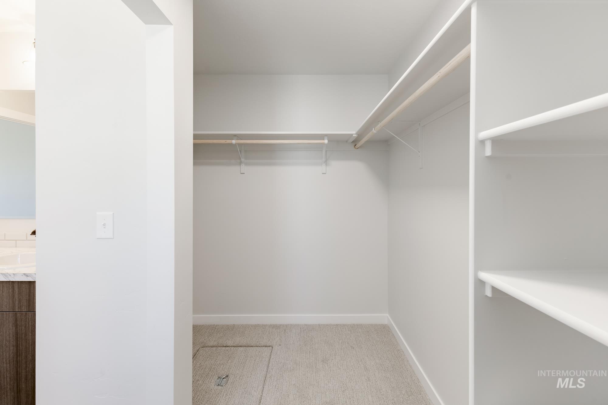 Walk in closet with light colored carpet and a sink
