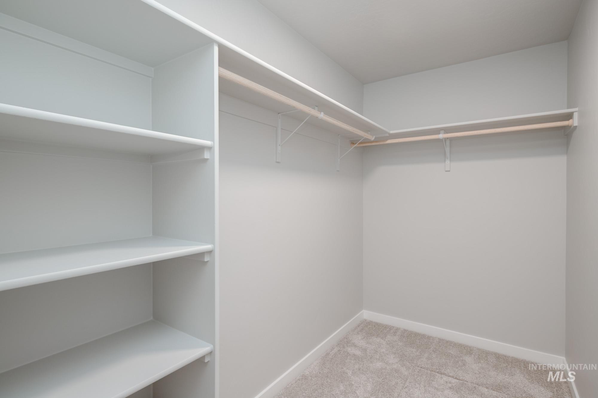 Walk in closet featuring light colored carpet