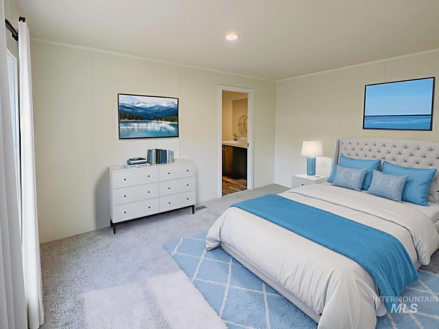 Carpeted bedroom with recessed lighting, ensuite bath, and ornamental molding