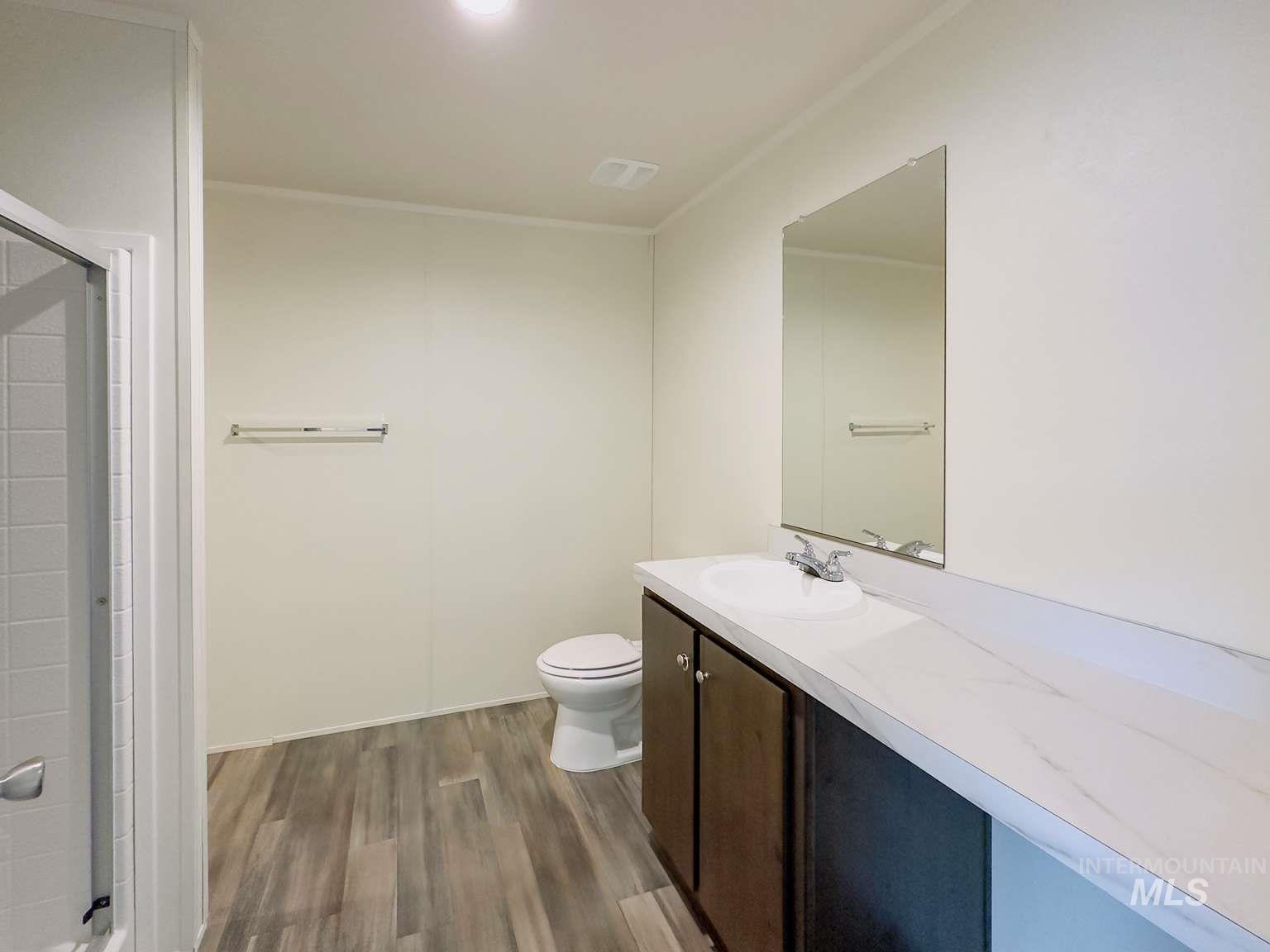 Full bath with dark wood-style floors and vanity