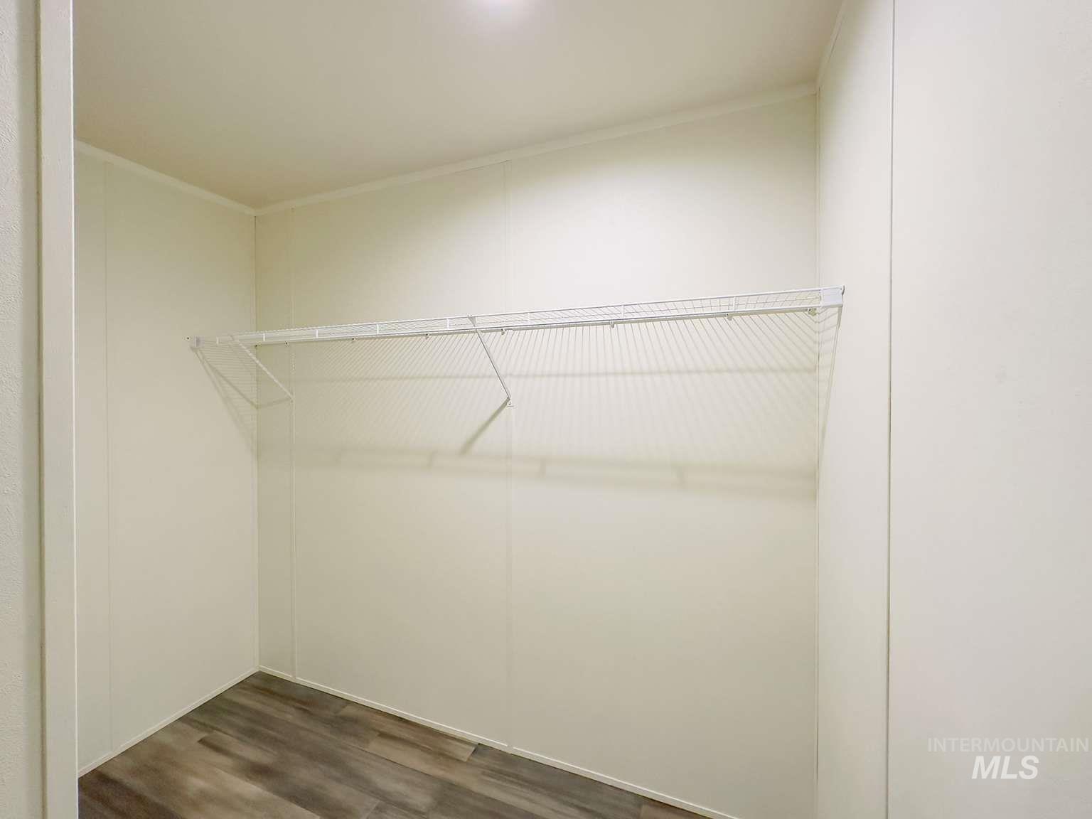 Spacious closet featuring dark wood-style flooring