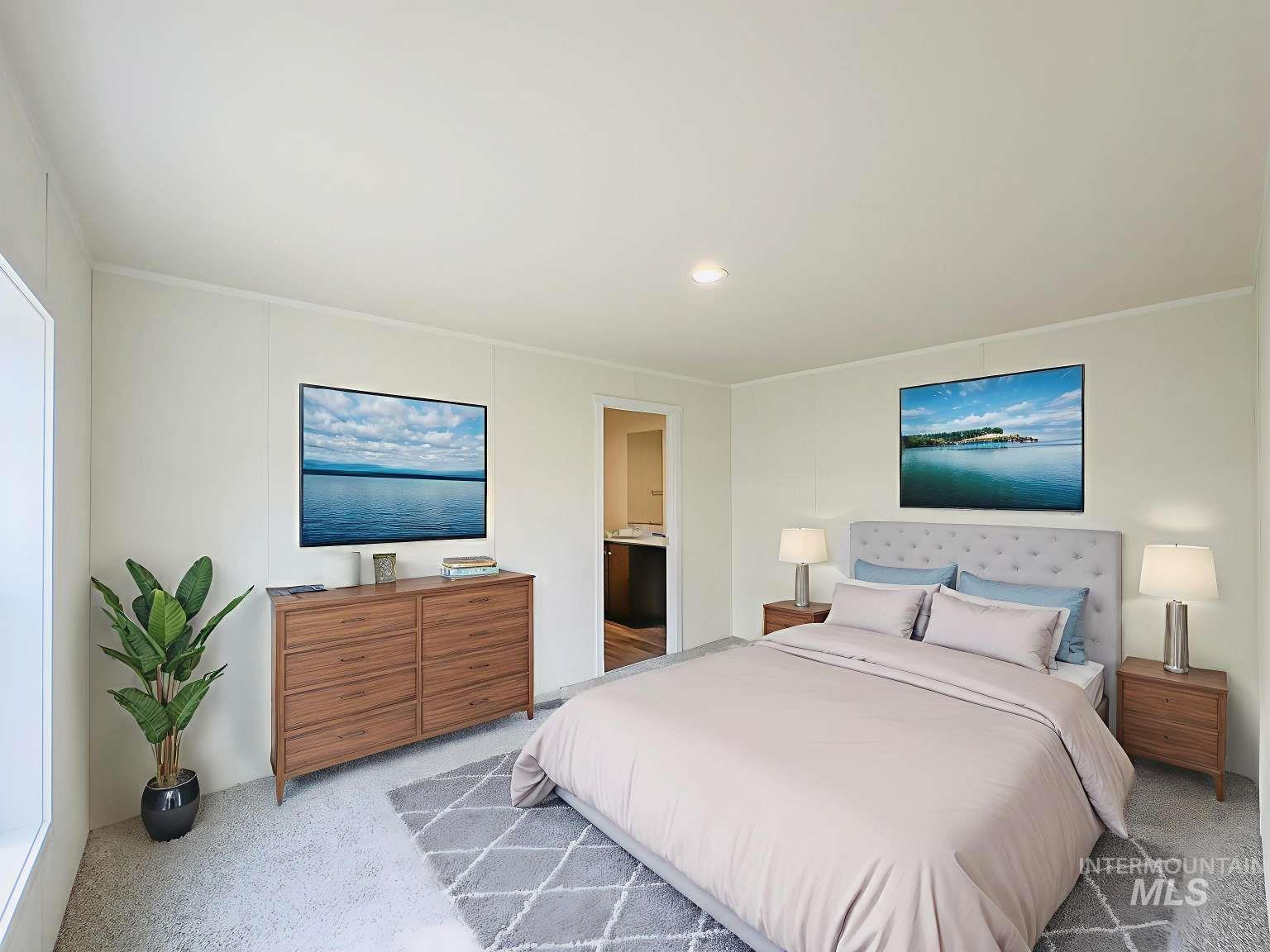 Bedroom with light colored carpet, ornamental molding, and recessed lighting