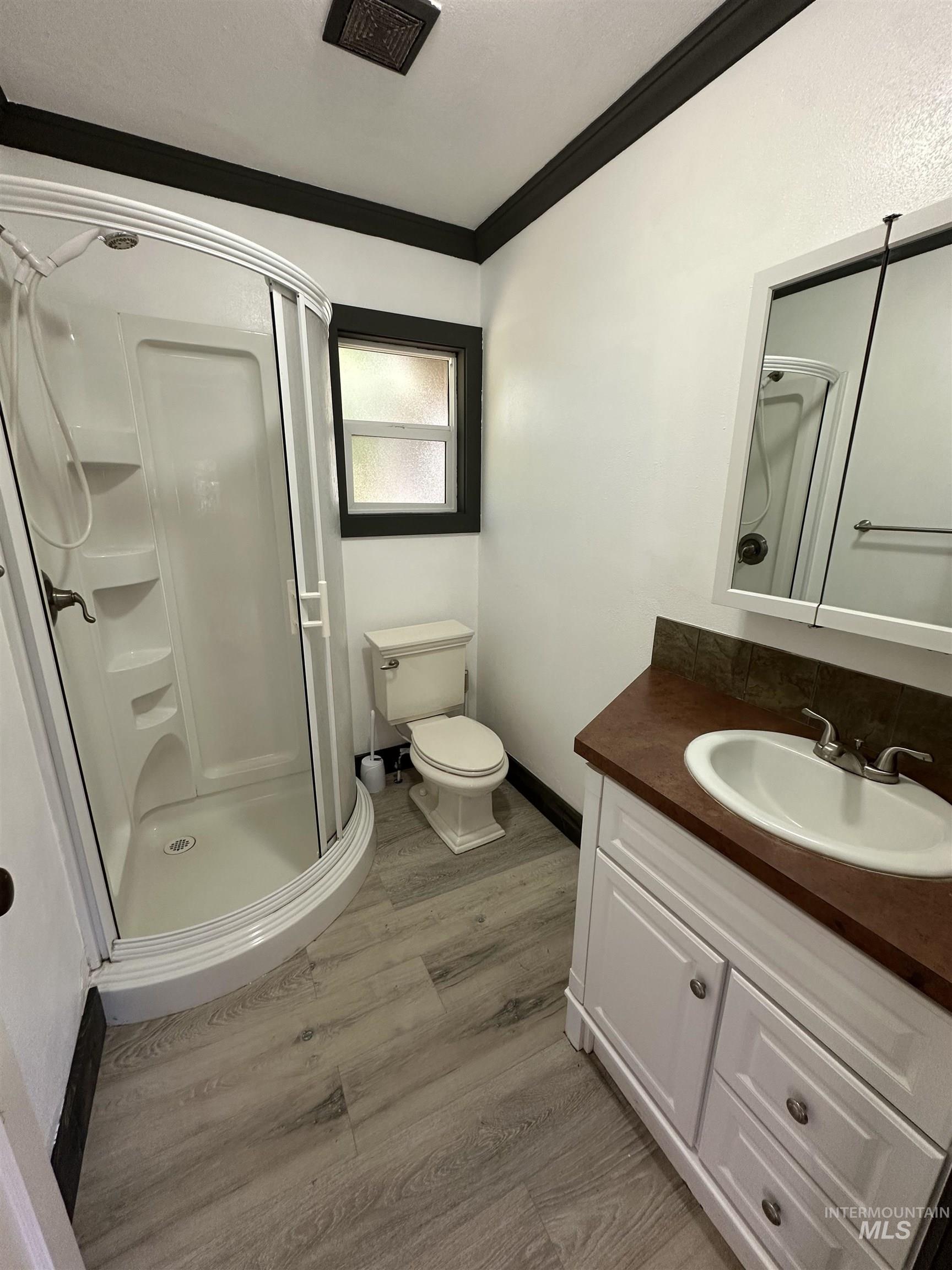 Bathroom featuring a shower stall, vanity, light wood finished floors, and ornamental molding