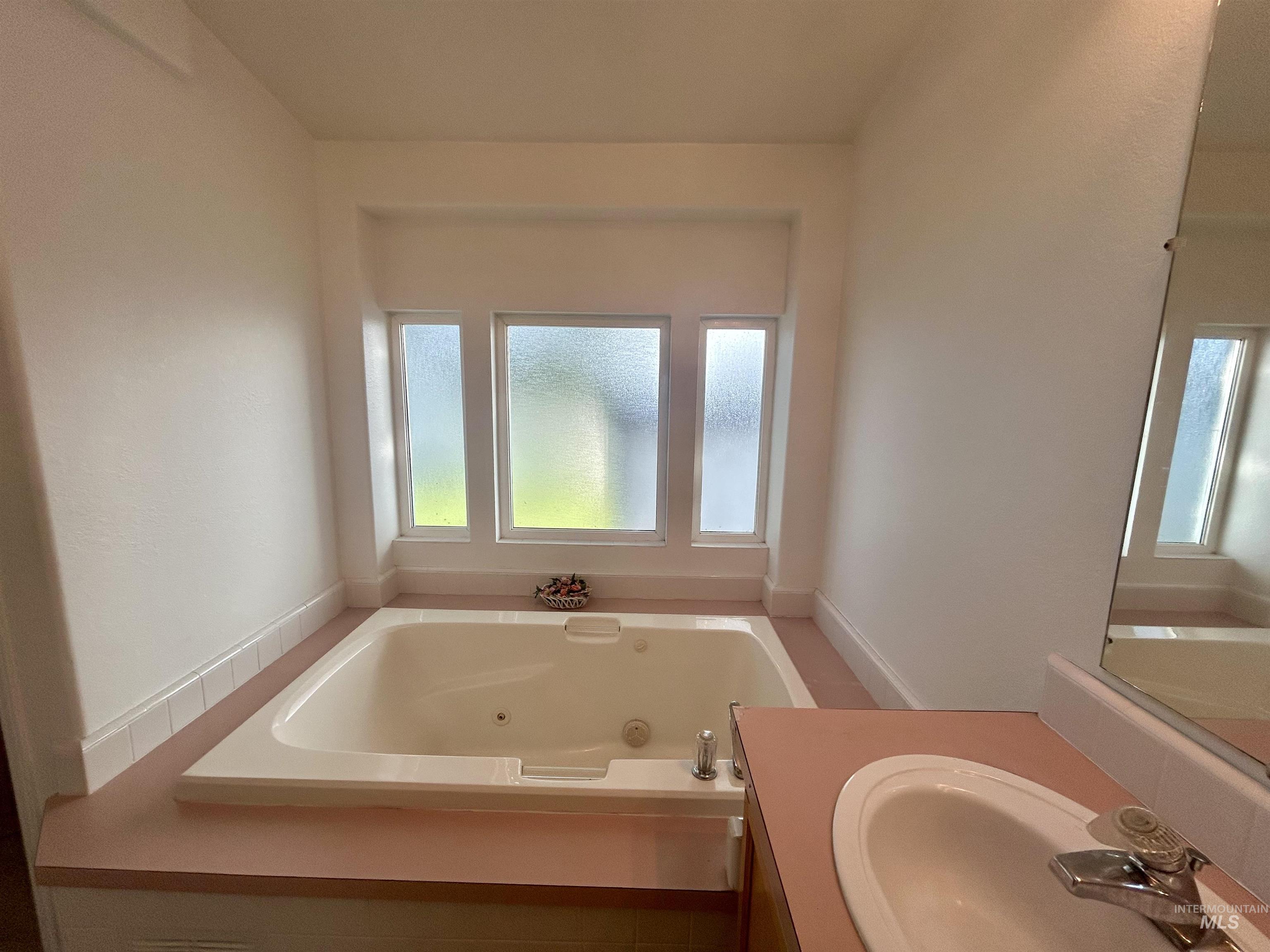 Full bathroom with a jetted tub and vanity