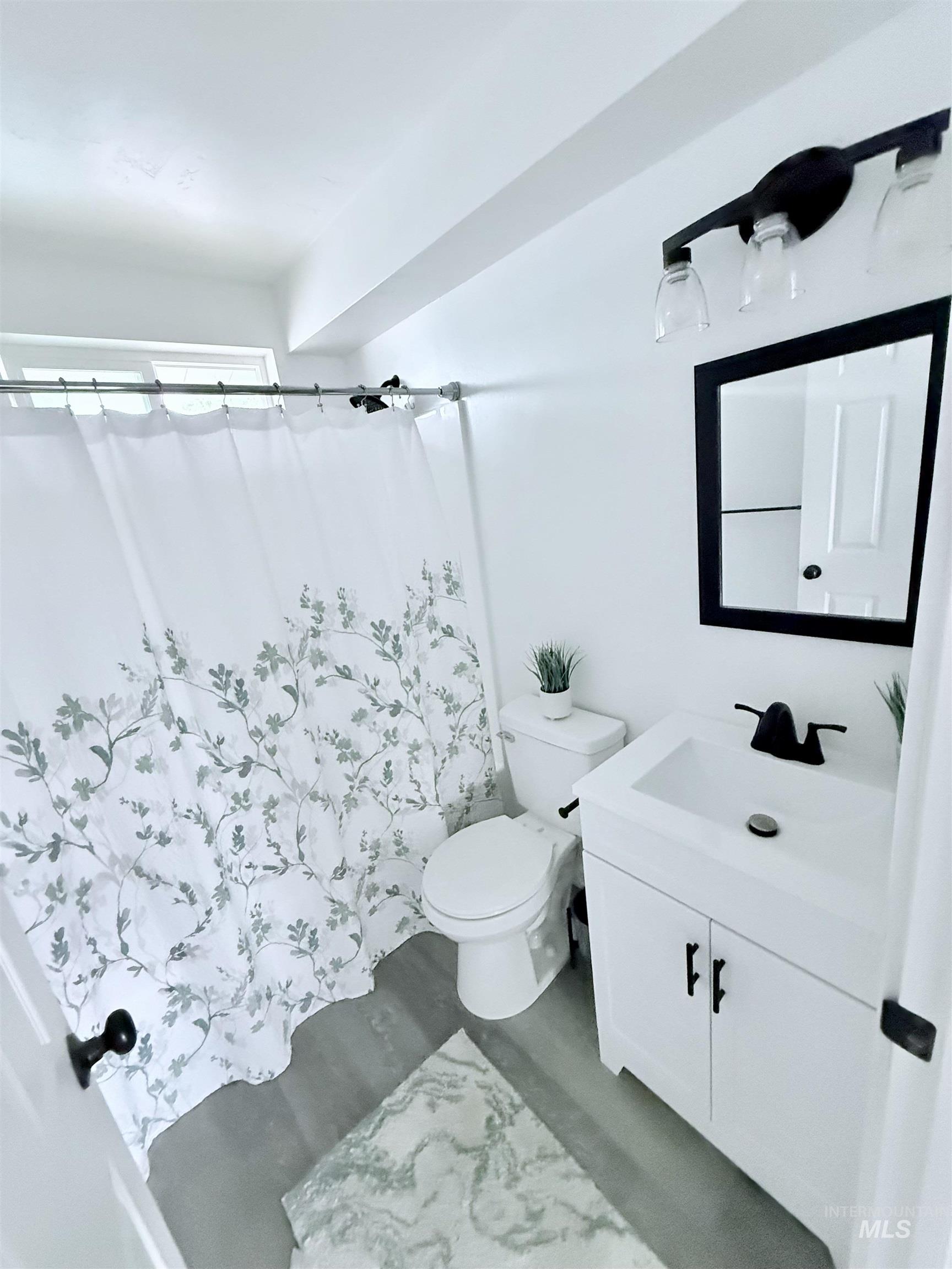Bathroom featuring vanity, wood finished floors, and a shower with curtain