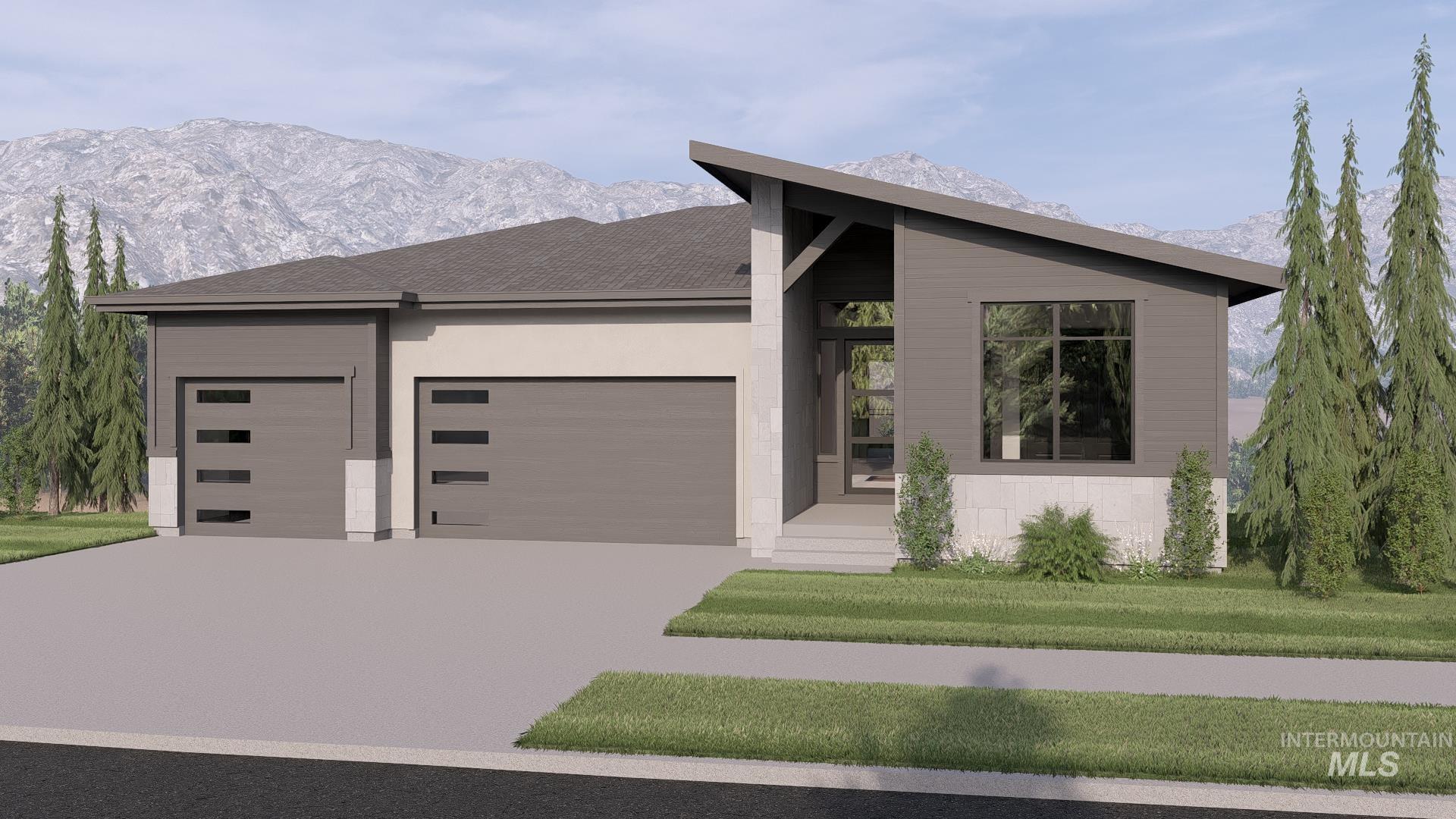 Contemporary home featuring a garage, a shingled roof, concrete driveway, and a mountain view