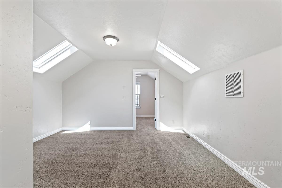 Additional living space featuring lofted ceiling, carpet flooring, and a skylight