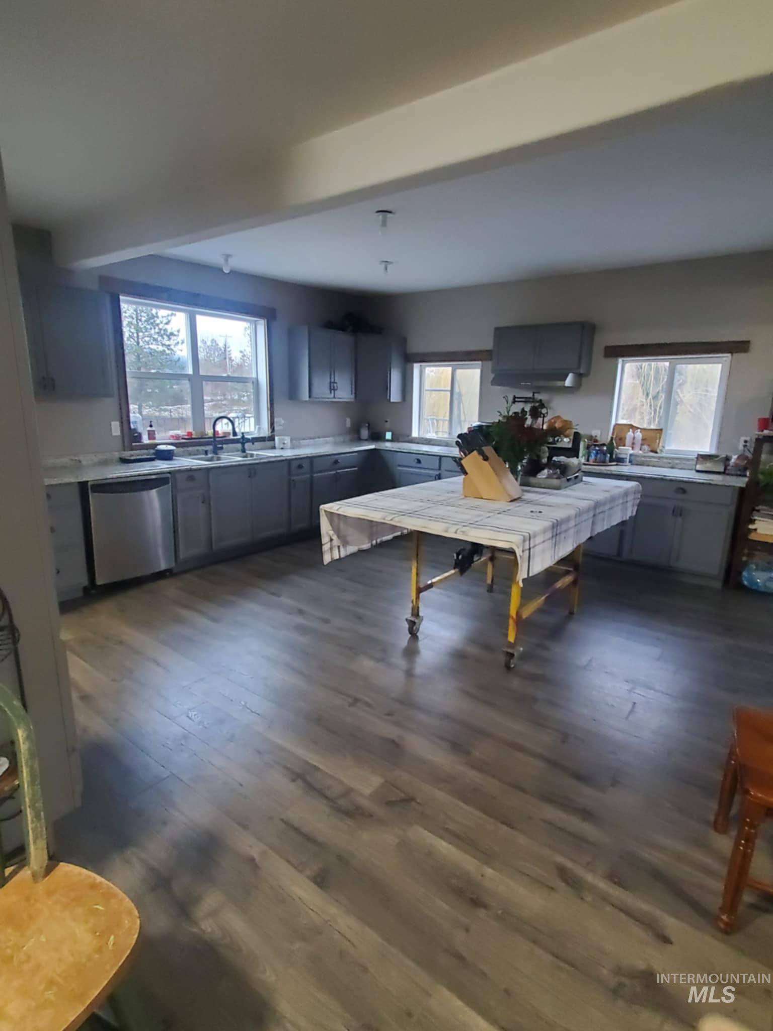 Kitchen with gray cabinetry, dark wood-style flooring, dishwasher, and plenty of natural light