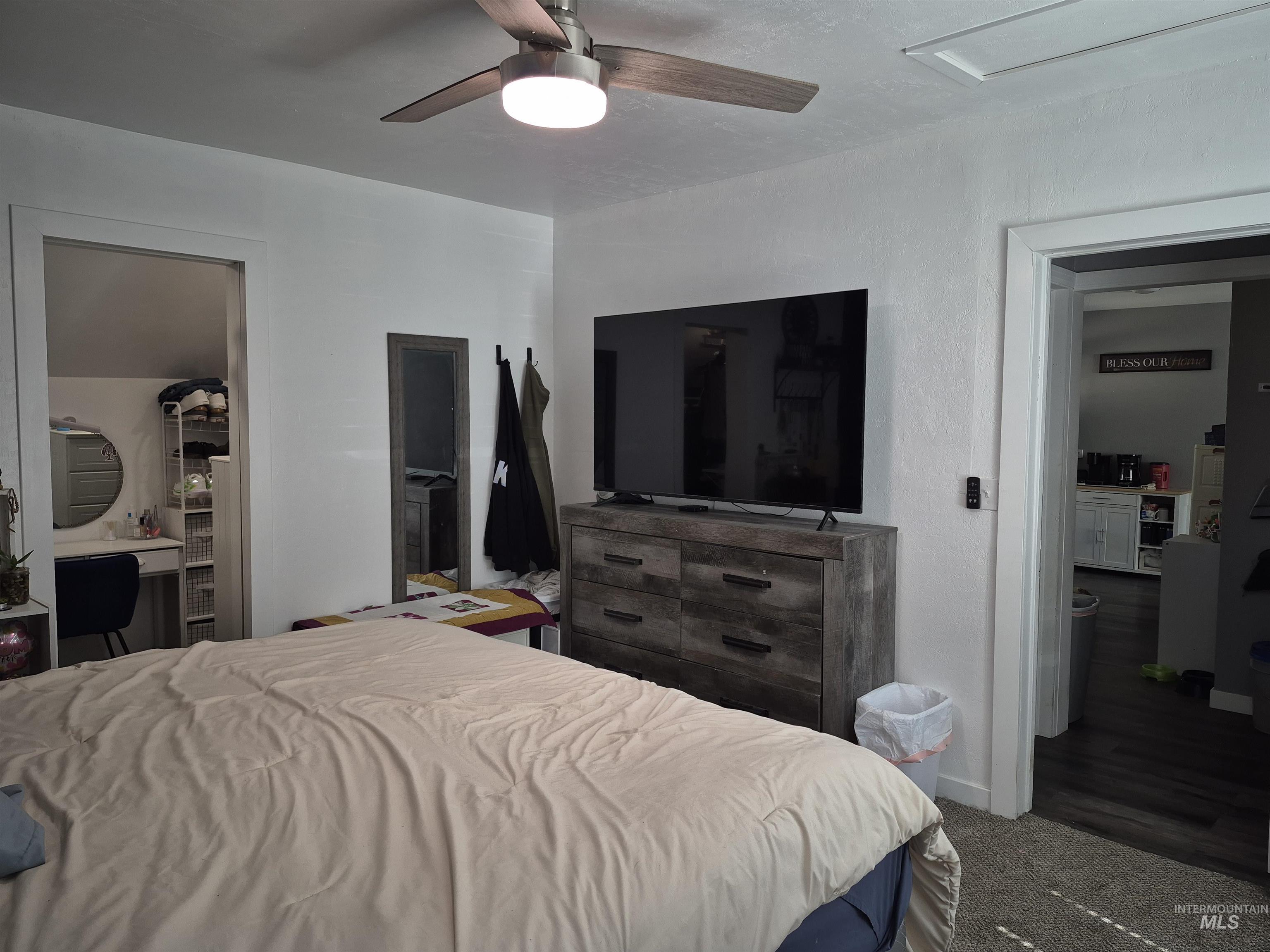 Bedroom with connected bathroom, carpet floors, a ceiling fan, and a spacious closet