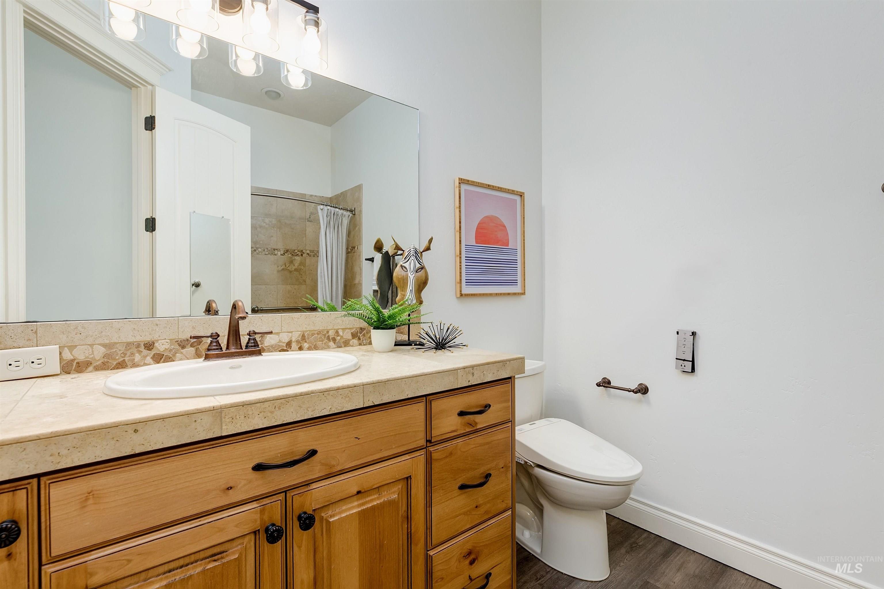 Bathroom with vanity, dark wood-type flooring, and tiled shower