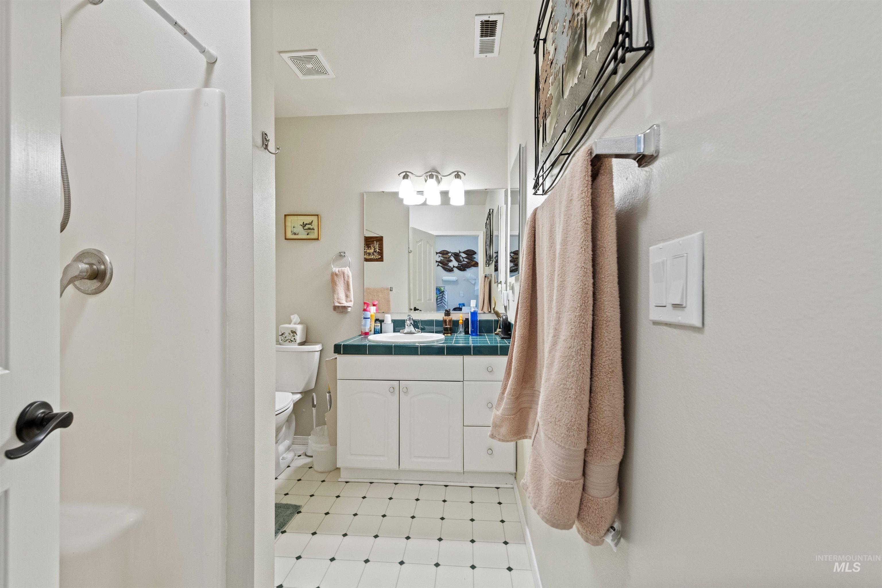Full bathroom featuring a stall shower and vanity