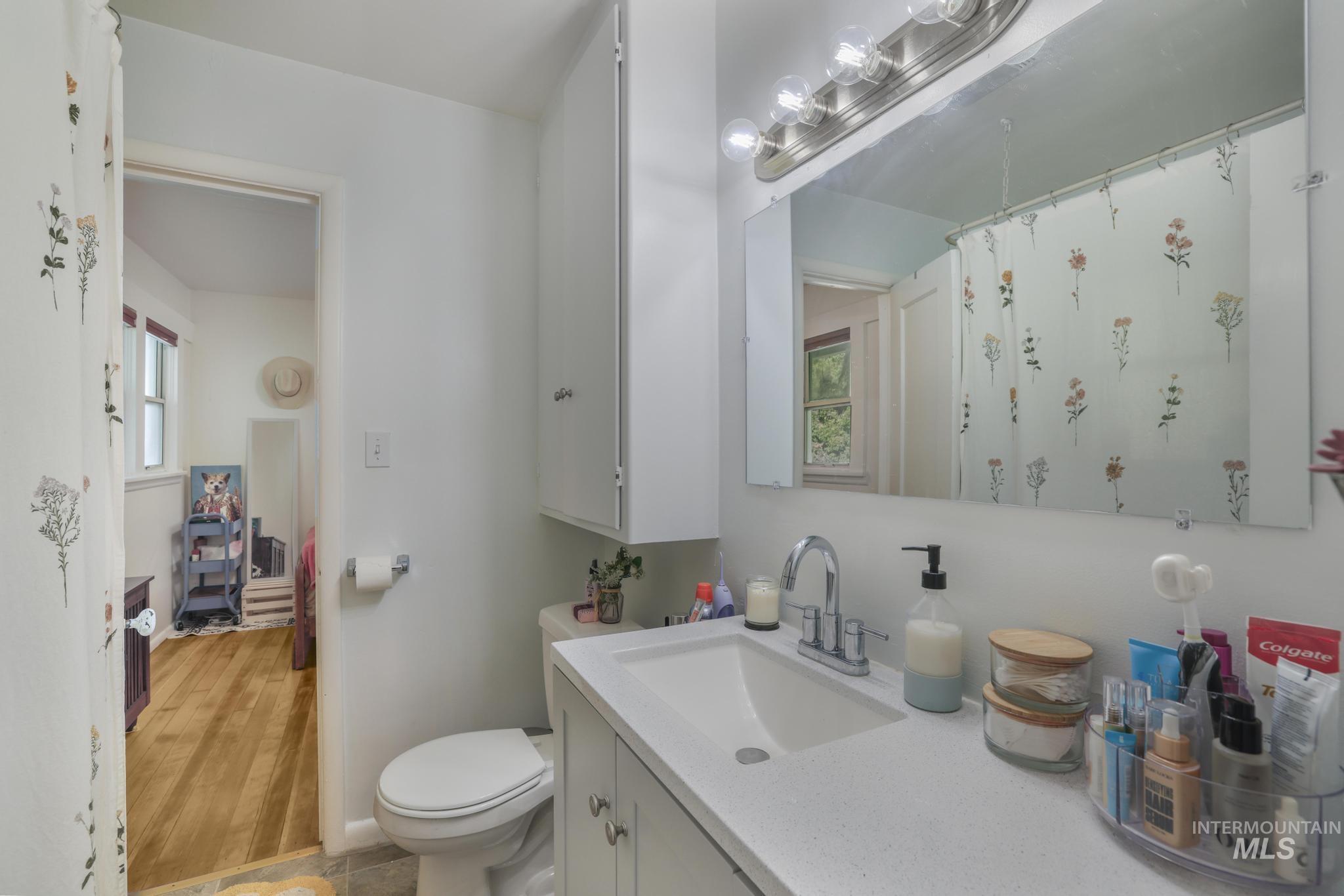 Full bath featuring vanity and a shower with shower curtain