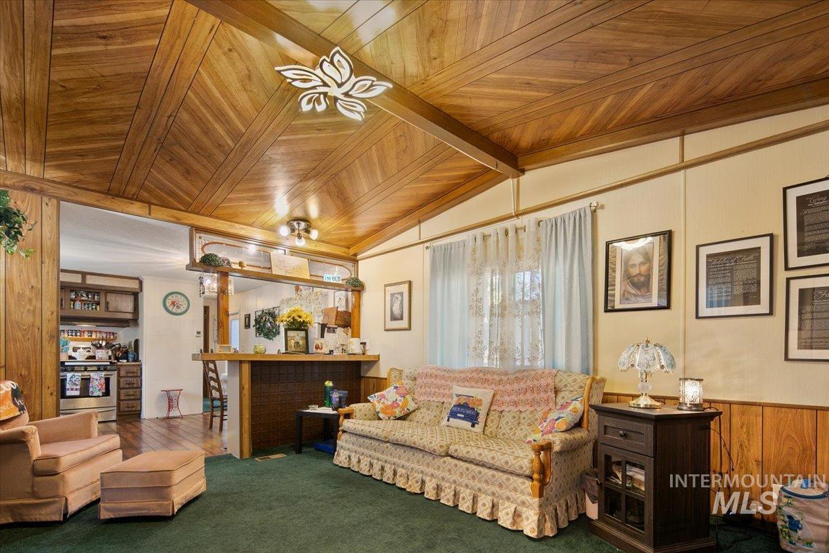 Carpeted living room featuring wood ceiling, wooden walls, and wainscoting