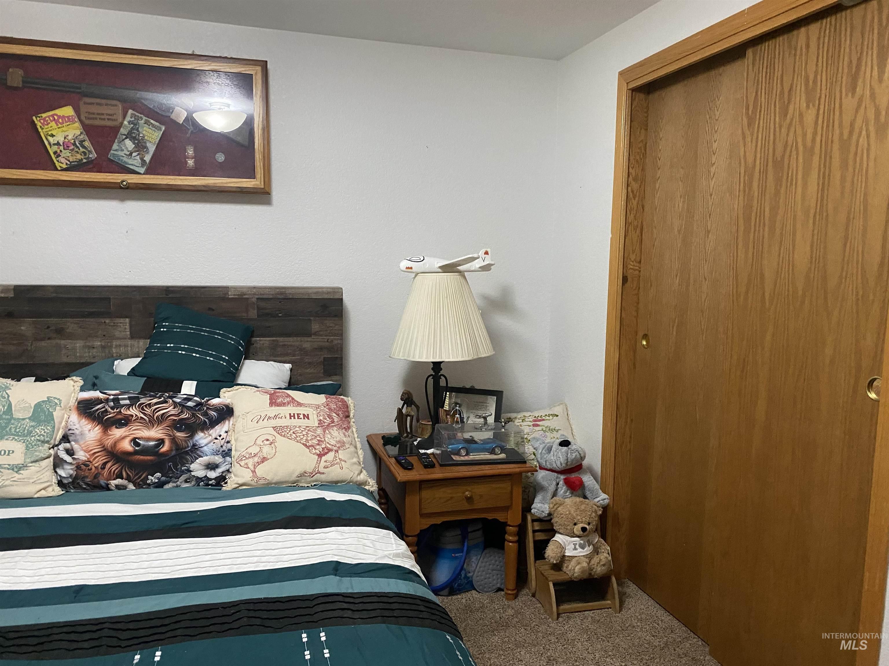 Carpeted bedroom featuring a closet