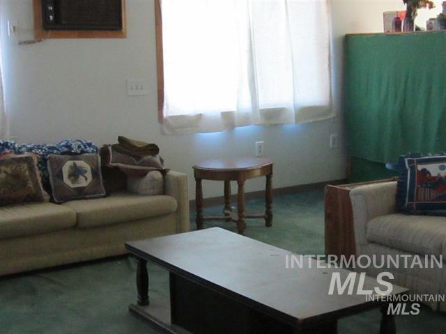 Living room with dark carpet and baseboards