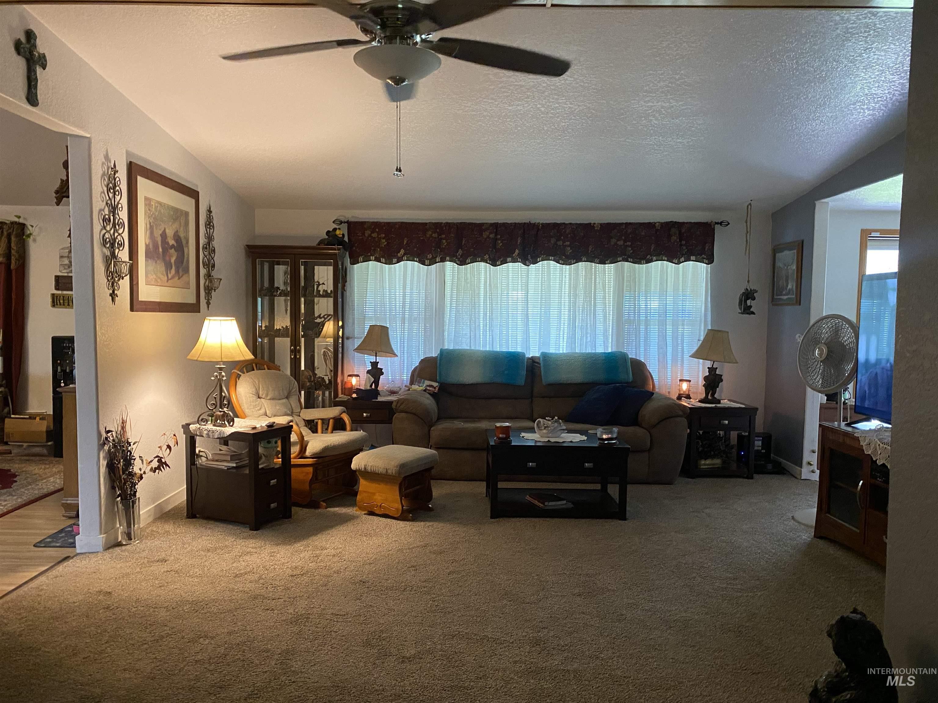 Carpeted living area with a textured ceiling and a ceiling fan
