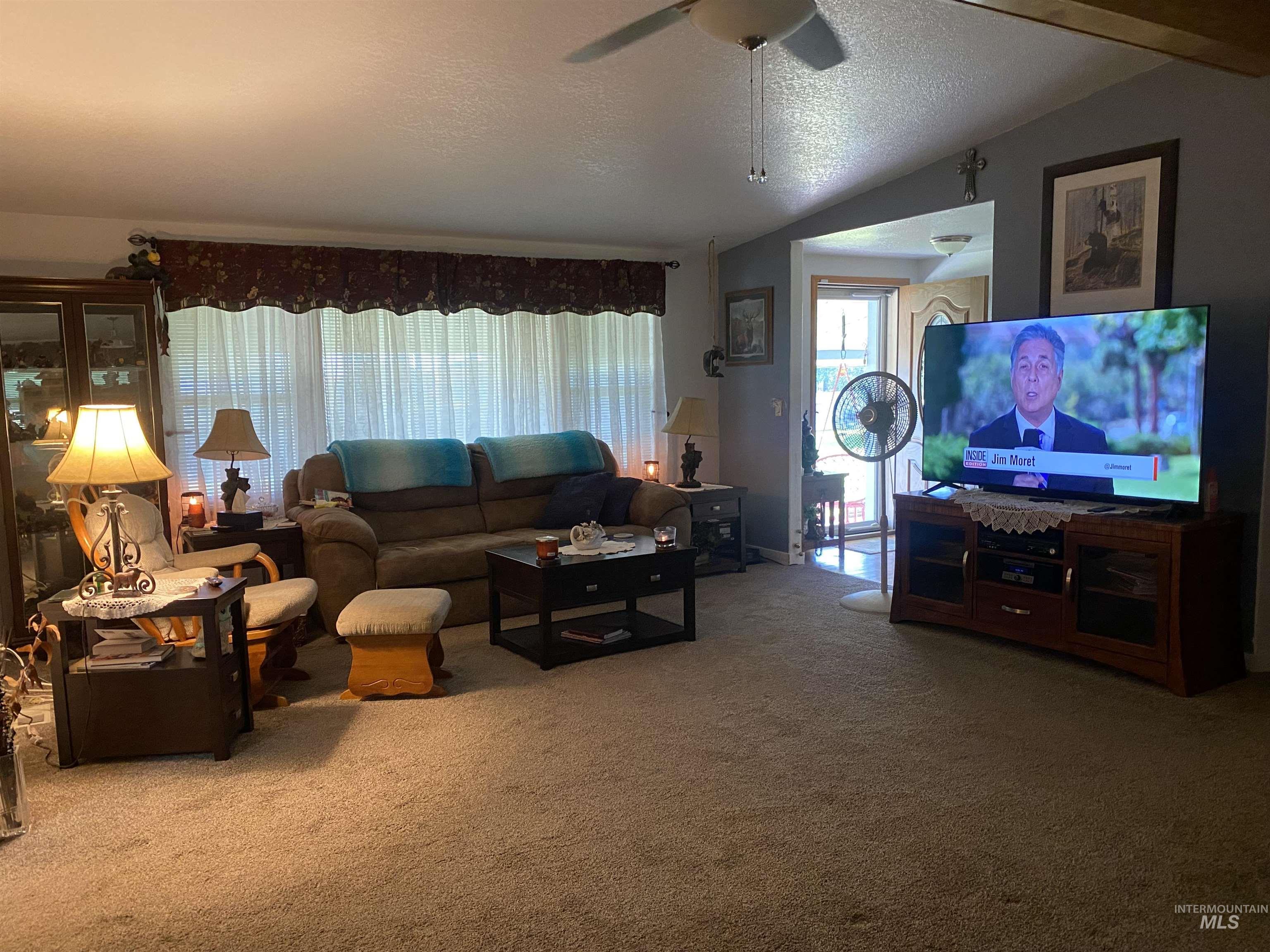 Living room with a textured ceiling, carpet, lofted ceiling, and a ceiling fan