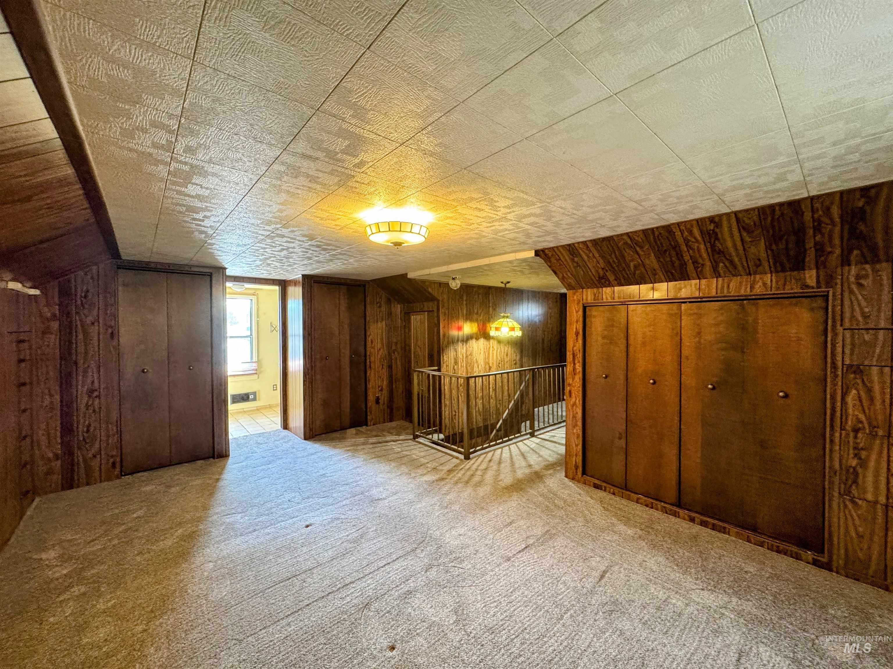 Additional living space featuring wooden walls and light carpet