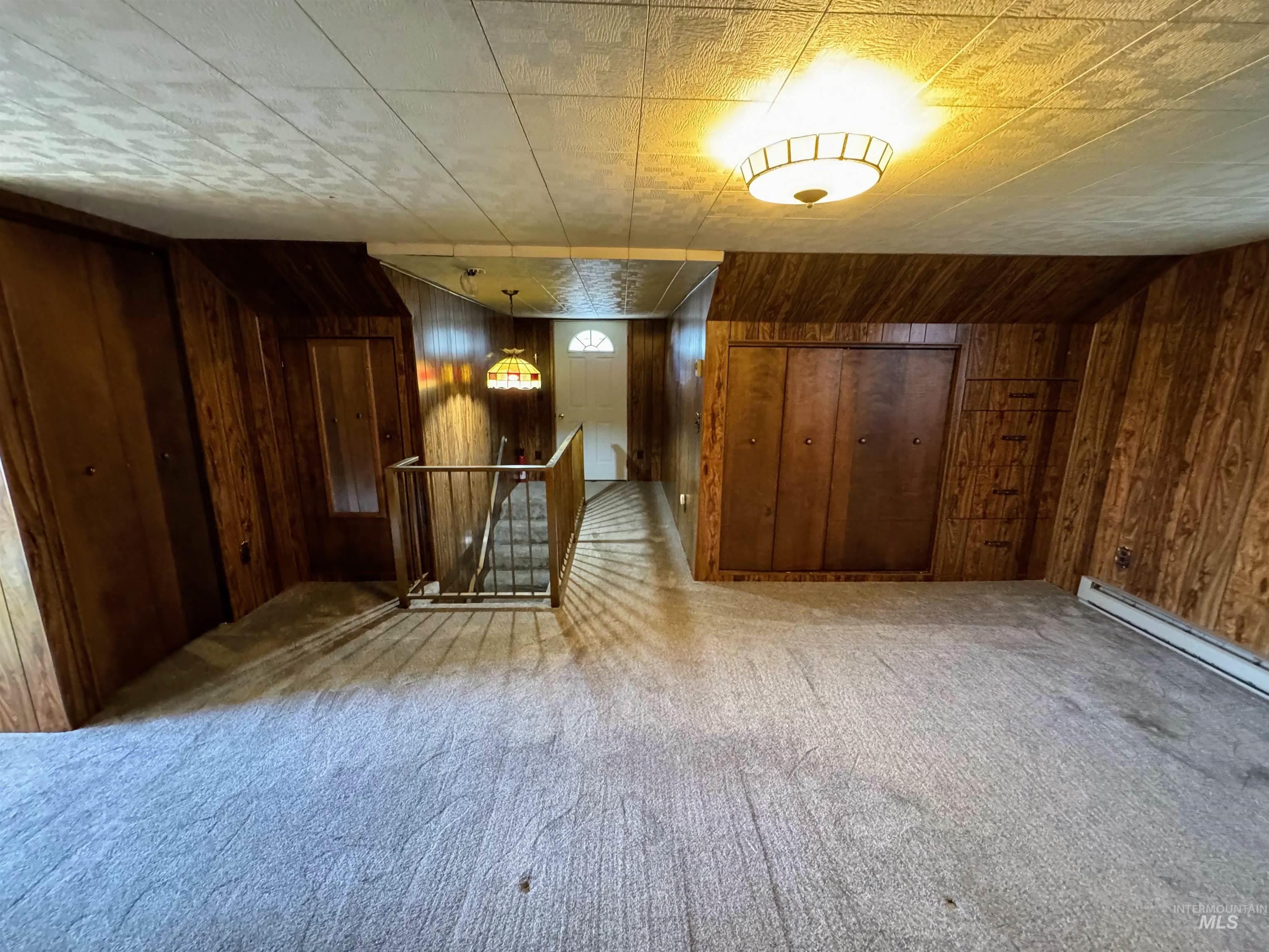 Additional living space with wooden walls and carpet flooring